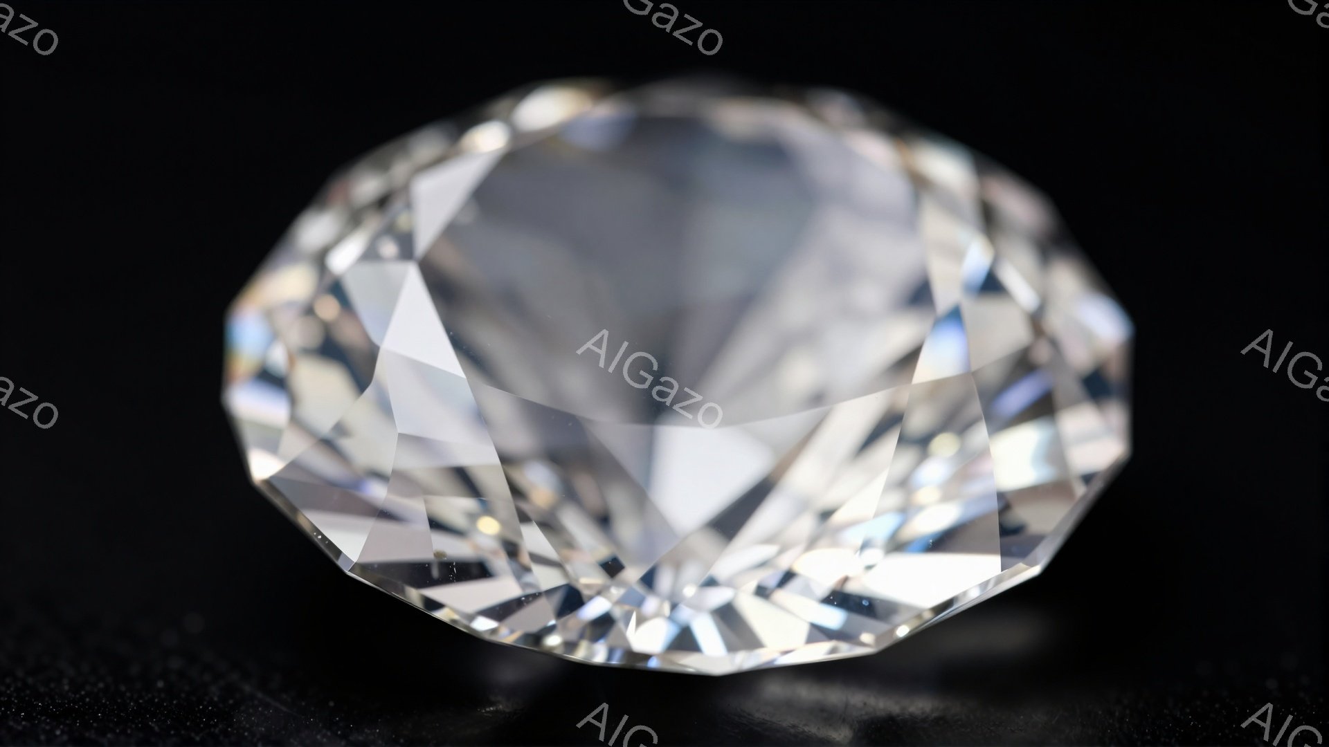 鮮やかな輝きを放つ、カットされたダイヤモンドが画面中央に大きく配置されている。周囲は暗い背景で、ダイヤモンドの多面体の反射が際立っている。光の屈折と反射が美しく、宝石の高級感と輝きを強調している。