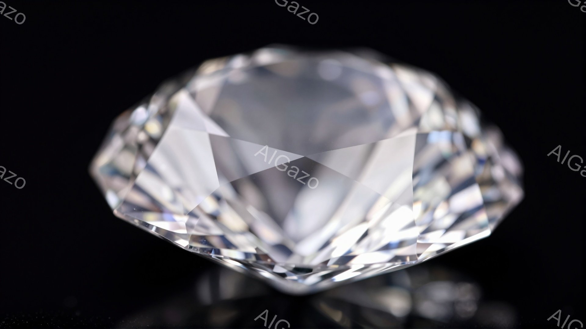 画像は、研磨されたダイヤモンドのクローズアップです。ダイヤモンドは多くの面を持ち、光を反射して輝いています。黒い背景とのコントラストが、ダイヤモンドの美しさを際立たせています。