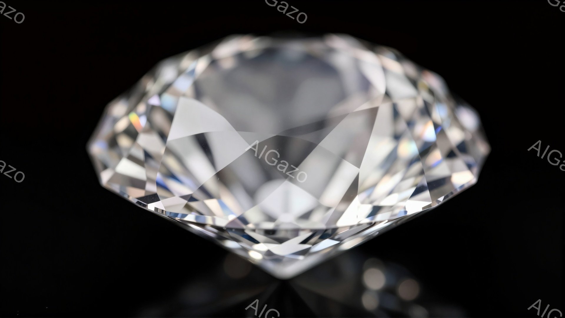 画像は、研磨されたダイヤモンドを捉えており、その多面体が光を反射してキラキラと輝いている。黒い背景とのコントラストがダイヤモンドの輝きを強調し、その美しさと価値観を際立たせている。ダイヤモンドの下には、ぼやけた光の反射が見られ、まるで宝石が浮かんでいるかのような印象を与える。