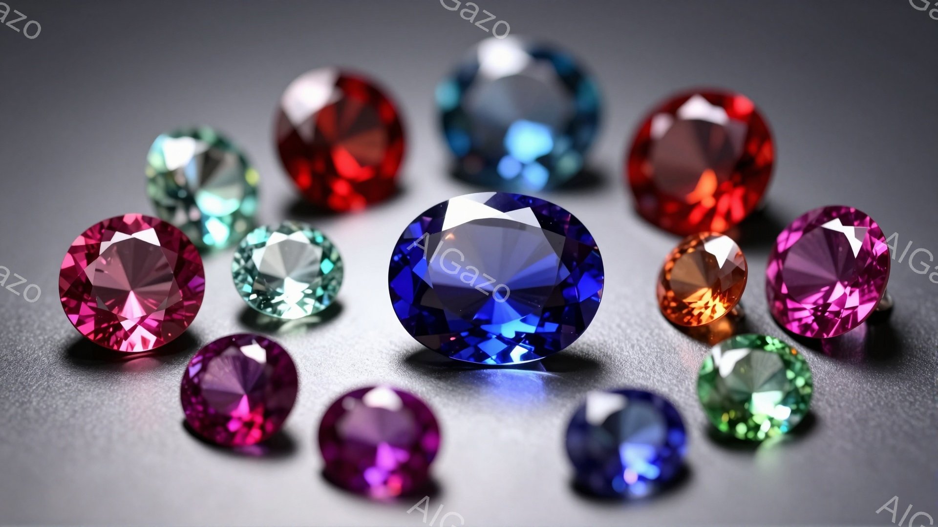 鮮やかな色の宝石が、光沢のあるグレーの背景に散りばめられています。様々な色合いの宝石は、それぞれが光を反射してキラキラと輝いており、中央に配置された濃い青色の宝石が特に目を引きます。全体として、豪華で煌びやかな雰囲気を醸し出しています。