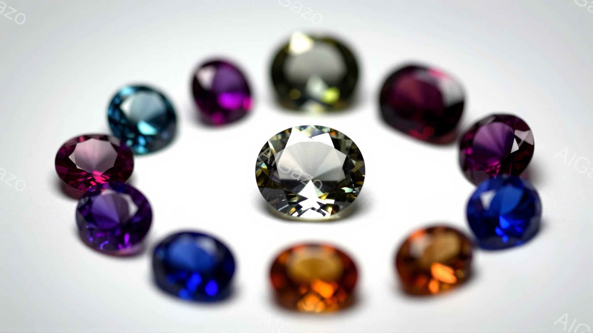 画像は、様々な色の宝石が白い背景に円形に配置されたクローズアップ写真です。宝石は深紅、紫、青、オレンジ、茶色など、様々な色合いを持ち、光沢があり、きらきらと輝いています。全体的に、宝石の美しさと豪華さを強調した、洗練された雰囲気の写真です。