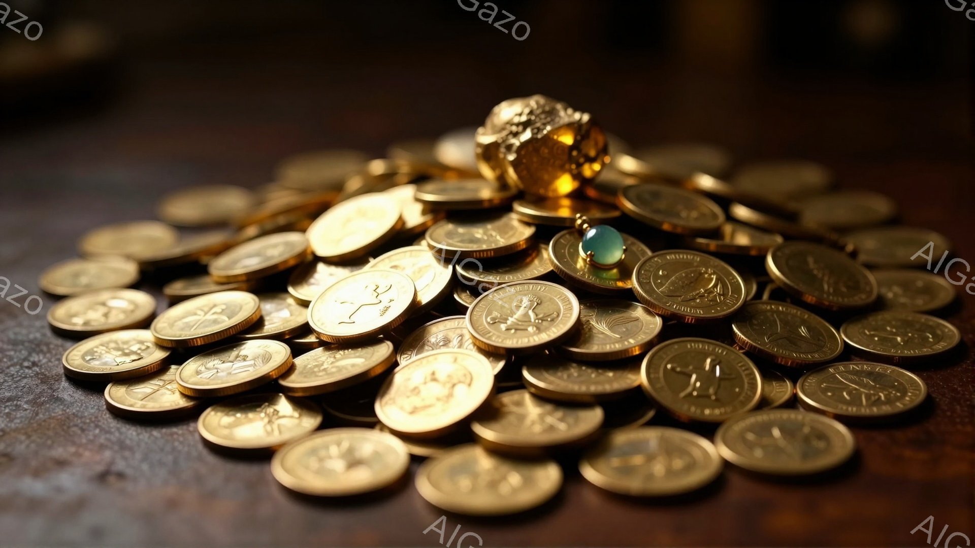 鮮やかな金のコインが大量に散らばり、その上に装飾的な金色の指輪が載っています。指輪にはターコイズブルーの宝石が埋め込まれており、コインとのコントラストが目を引きます。背景は暗く、コインと指輪が照らされているため、富と宝の雰囲気が漂います。