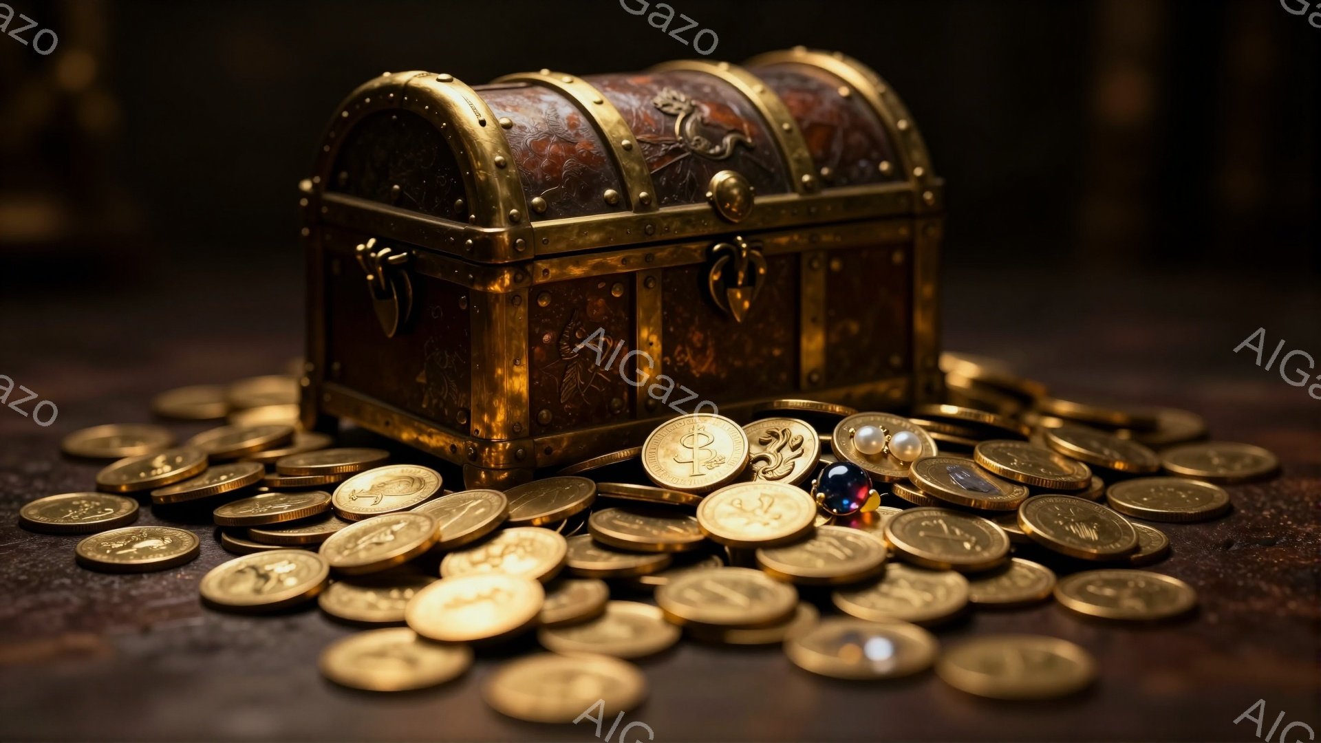 埃っぽい木製の宝箱が、金貨の山の上に置かれています。宝箱は装飾的で、複雑な彫刻が施されており、宝石がちりばめられた指輪が金貨の間にあります。全体的に暗く、ドラマチックな雰囲気で、冒険と富を暗示しています。