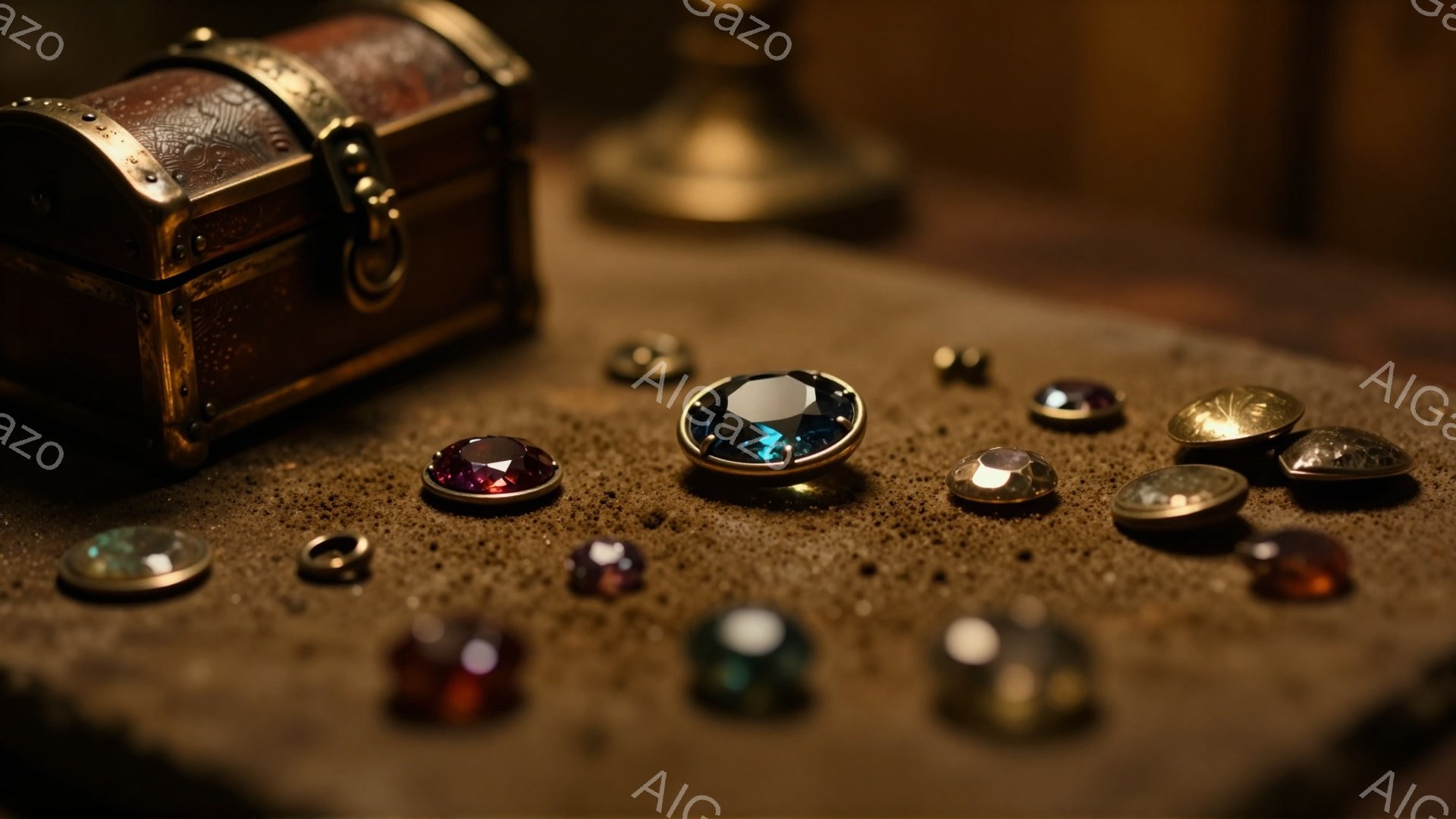 古びた木製の箱と様々な色の宝石が散らばった様子が写っている。宝石は赤、青、緑、茶色など多様な色合いで、箱の周りに無秩序に配置されている。全体的に暗く、暖色系の照明が用いられており、宝物や隠された財宝のような雰囲気を醸し出している。