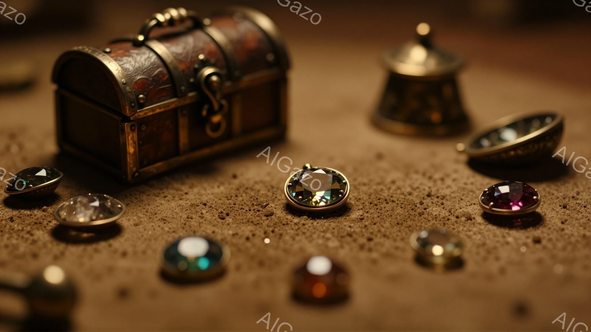 古びた木製の宝箱と、様々な色の宝石が砂の上に散らばっている様子が描かれています。宝石は、緑、紫、青、茶色など、多彩な色合いで輝き、宝箱の金属製の留め具や、右側に置かれた金属製の容器と相まって、隠された - AI生成フリー素材