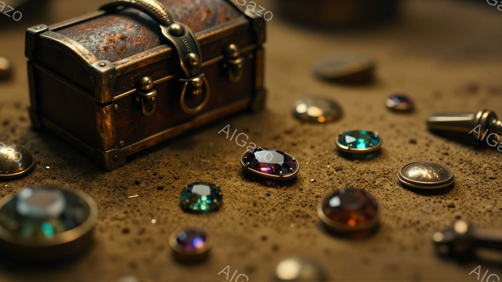 粗末な木製の箱が、暗い背景に配置され、様々な色の宝石が散らばっている。宝石は鮮やかな紫、緑、赤、オレンジ色で、磨かれた表面が光を反射している。全体的に、秘密の宝物や魔法の雰囲気を醸し出している。