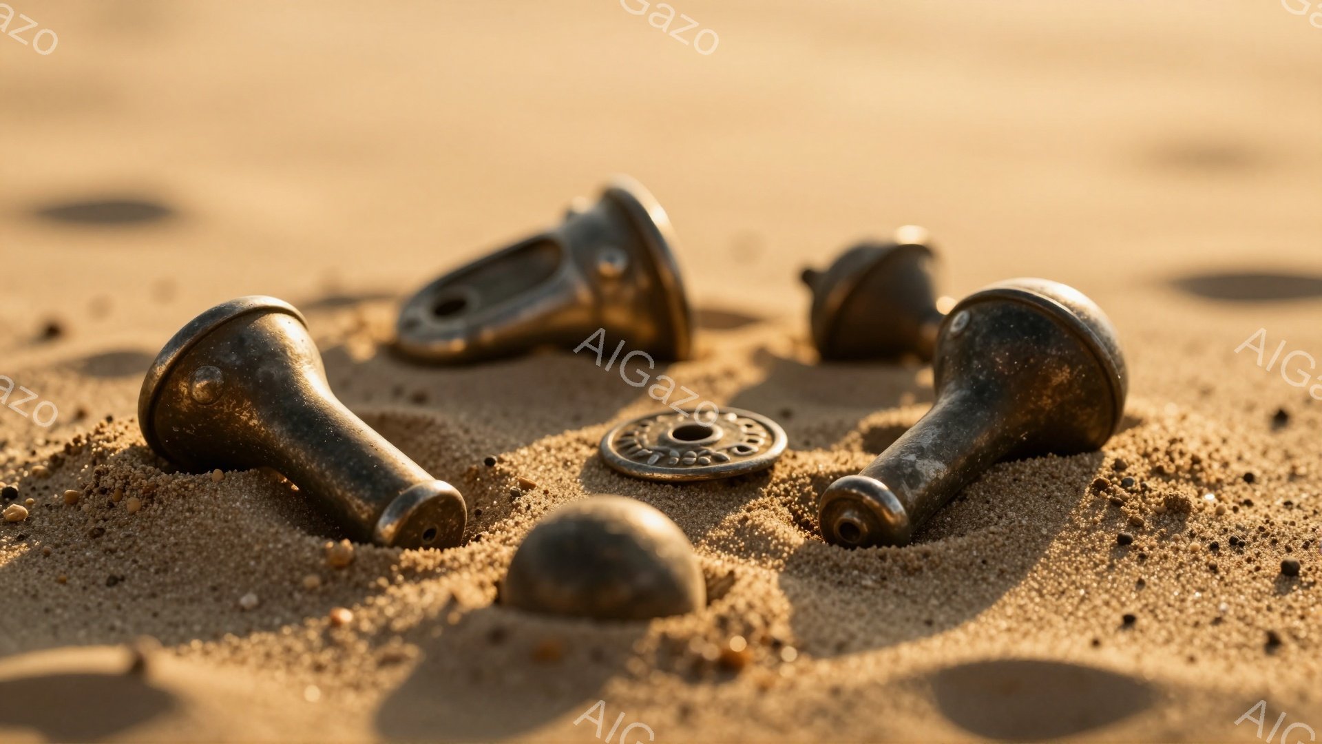 砂浜の上に、古びた金属製の部品がいくつか散らばっている。部品は、磨耗した真鍮のような色をしており、どこかの機械の一部だったと思われる。夕暮れ時の柔らかな光が砂浜を照らし、部品に陰影をつけて、時の流れを感じさせる雰囲気を醸し出している。