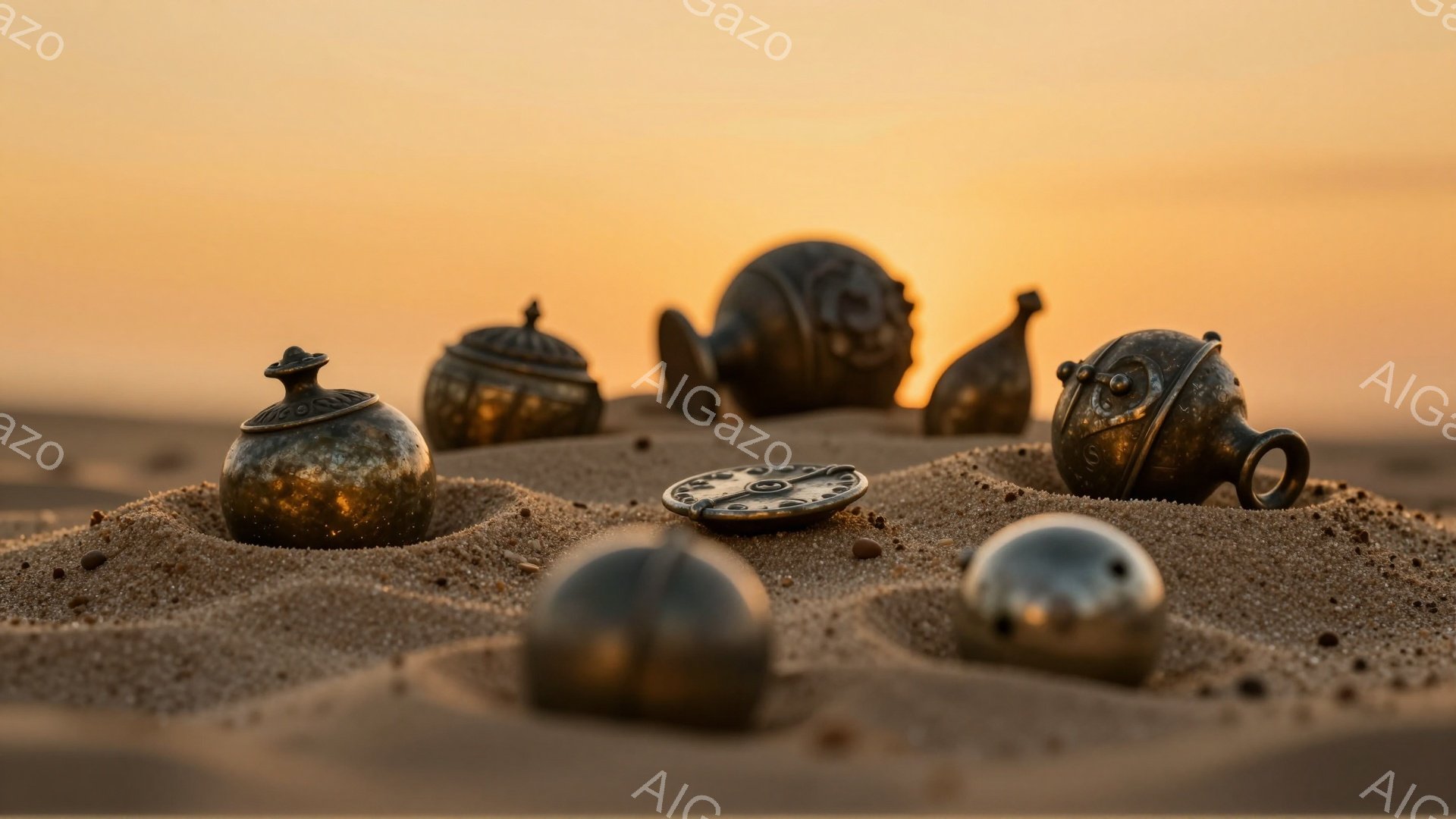 砂漠の中に、古びた金属製の球体や円盤が埋もれている様子が描かれている。夕焼けのオレンジ色の光が砂の上に反射し、金属の表面に独特の光沢を与えている。全体的に、忘れ去られた文明や失われた宝物を想起させる、神秘的で静寂な雰囲気が漂っている。