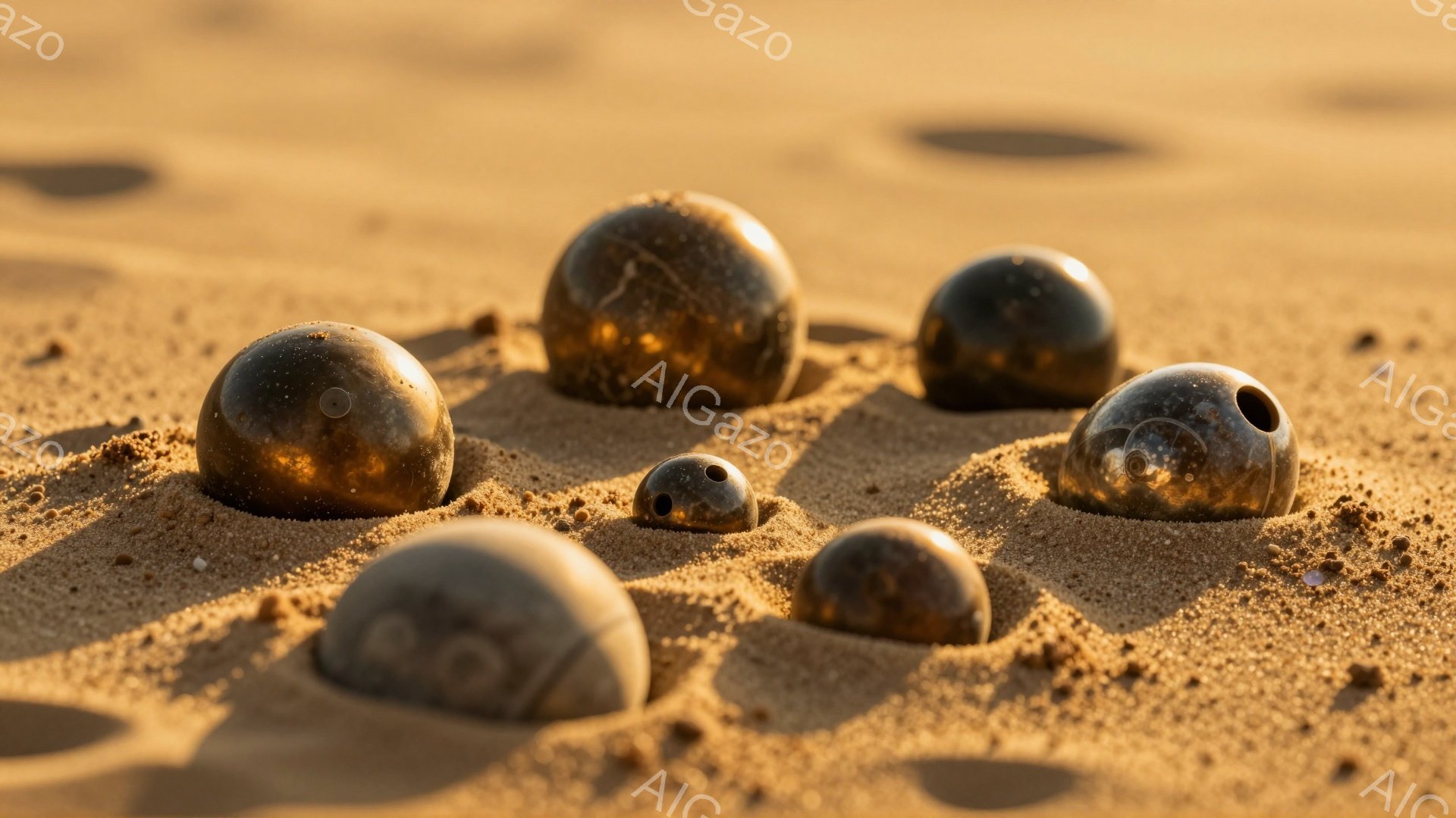 砂漠のような茶色の砂地に、磨かれた石のような球体がいくつか埋まっている様子が写っている。球体は光を反射し、表面に複雑な模様が浮かび上がっている。背景は均質な砂地で、強い日差しが照らし出し、乾燥した雰囲気を醸し出している。