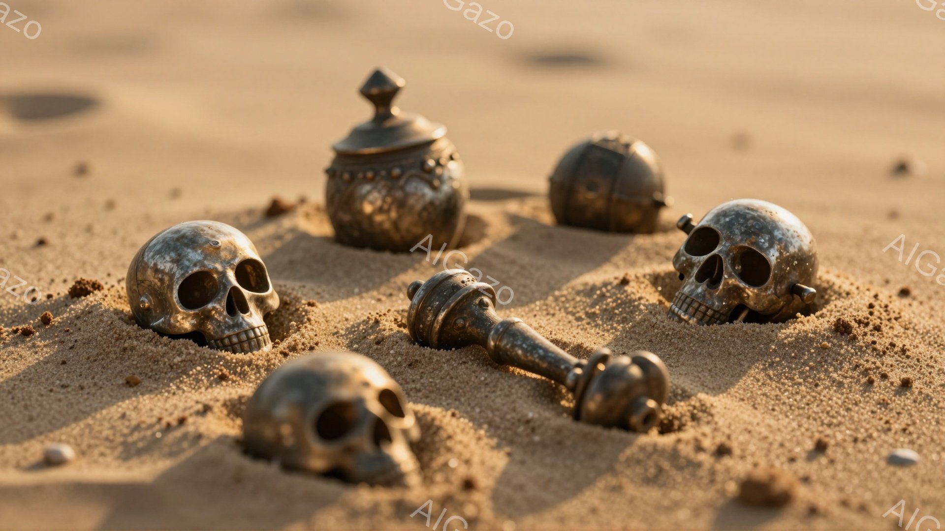 砂漠のような茶色の地面に、数個のドクロと金属製のオブジェが埋まっている様子が写っている。ドクロは白い骨で、金属製のオブジェは暗い色をしており、いずれも土に半分埋もれているため、古びた、忘れ去られた遺跡のような雰囲気を醸し出している。影が長く伸び、砂漠の乾燥した空気と時間の経過を感じさせる。