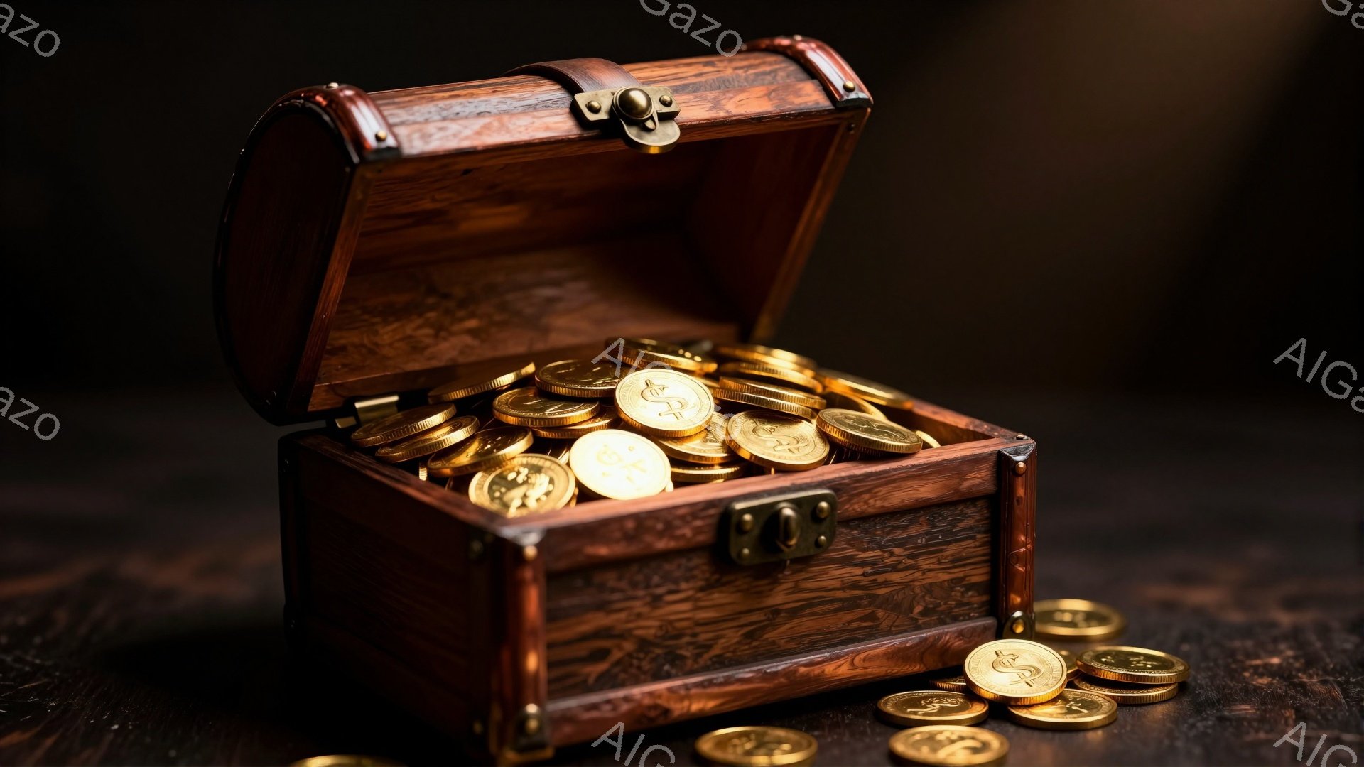 古びた木製の箱が開き、中には金貨が山積みにされている。箱の周りにも数枚の金貨がこぼれ落ちている様子が描かれており、暗い背景が宝物の貴重さを際立たせている。全体的に、歴史的な冒険や隠された財宝といった雰囲気が漂っている。