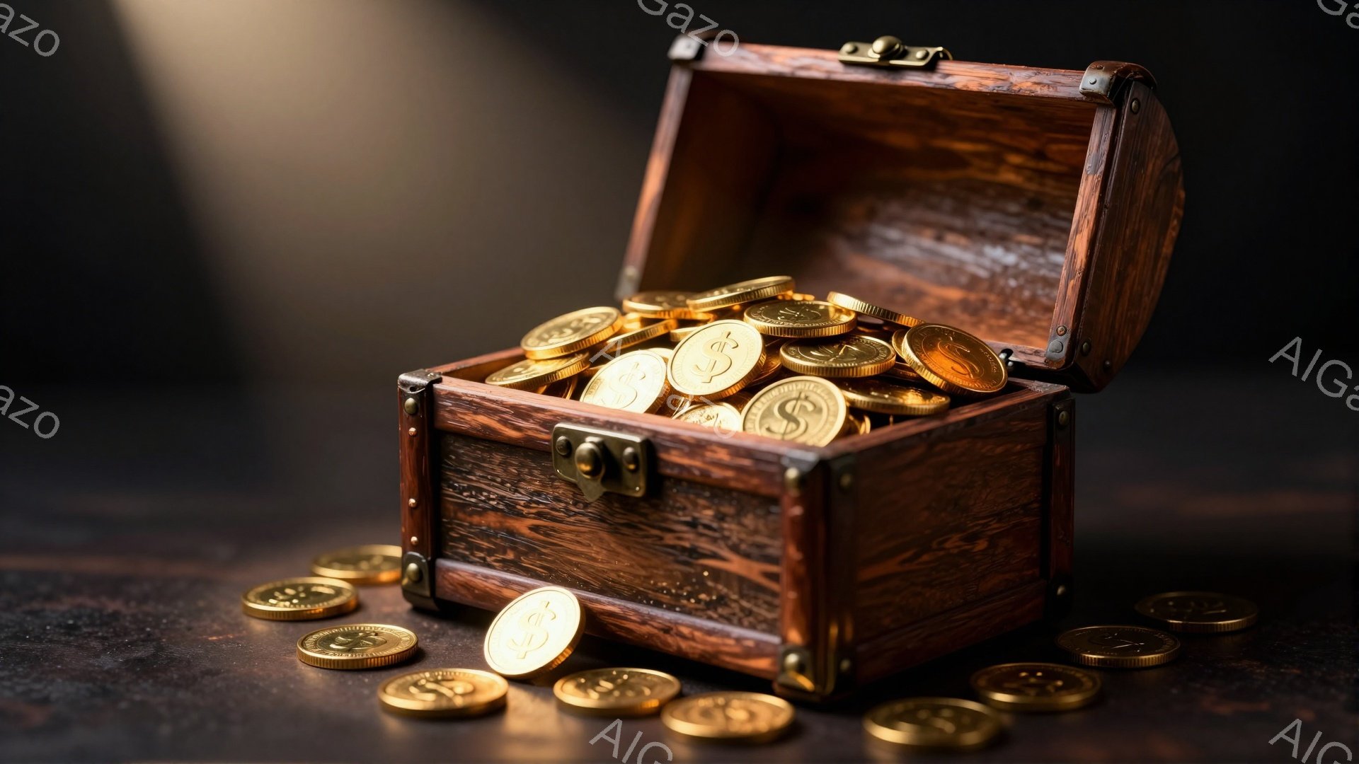 古びた木製の箱が、金色のコインで満たされています。箱の周りにもコインが散らばっており、まるで宝物を見つけたような印象を与えます。暗い背景が、コインの輝きを一層引き立てています。
