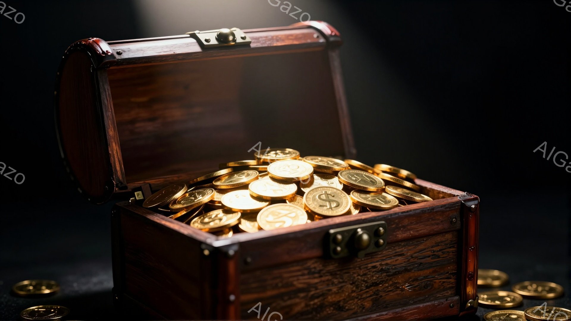 古びた木製の宝箱が開き、金色のコインが溢れ出している様子が捉えられています。コインはすべてドル記号が刻印されており、箱の周りにも散らばっています。暗い背景に照らされた箱は、宝物や富を象徴するような、豪華で神秘的な雰囲気を醸し出しています。