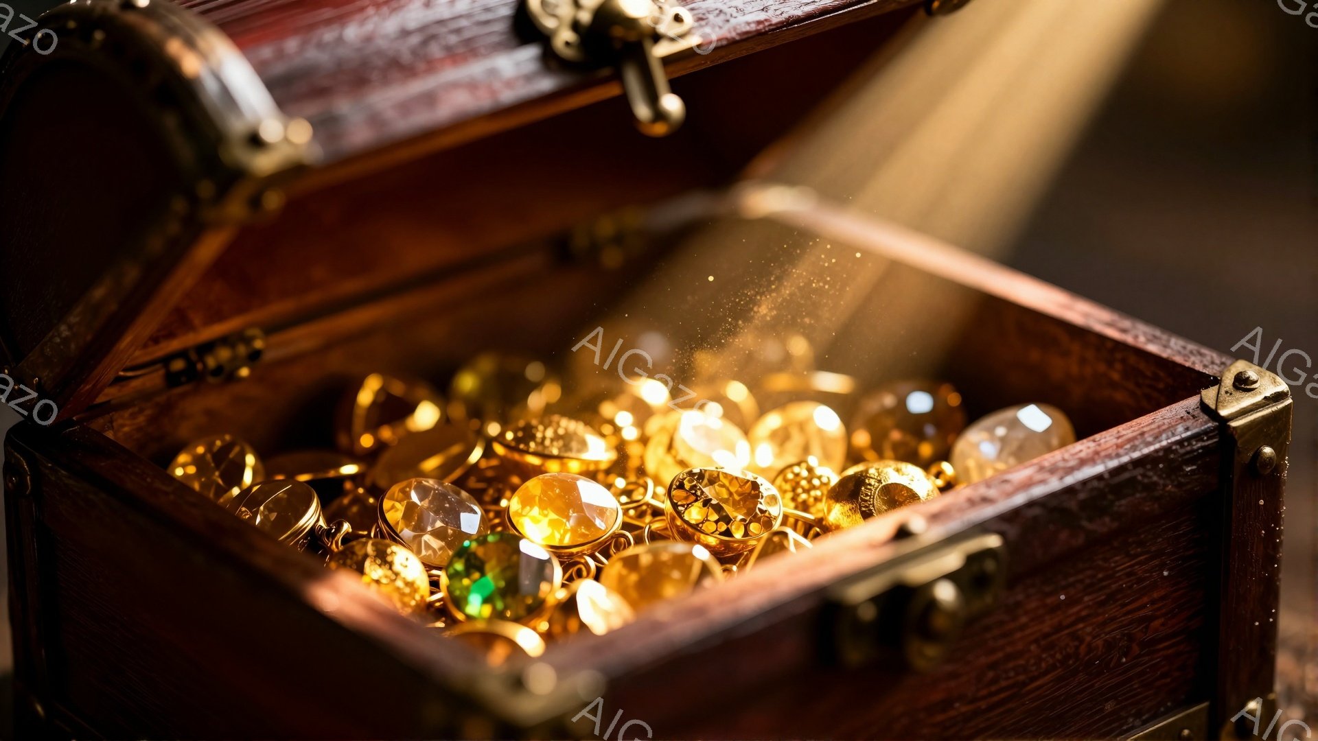 古びた木製の宝箱が開き、中には宝石や金貨が溢れかぶさっている。宝石は様々な色合いで輝き、金貨は光を反射してまばゆい光を放っている。背景は暗く、宝箱とその中身が際立って見える、冒険と富の雰囲気が漂う一枚である。