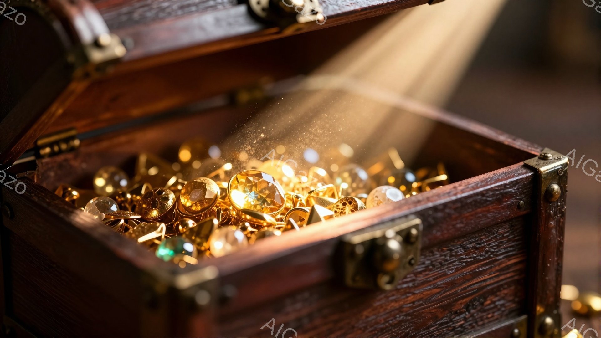 古びた木製の箱が開き、内部には金貨や宝石が輝いている様子が捉えられている。光線が差し込み、宝物が照らし出され、まるで映画のワンシーンのようなドラマチックな雰囲気を醸し出している。箱の木目は古く、長い年月を経た物語を感じさせる。