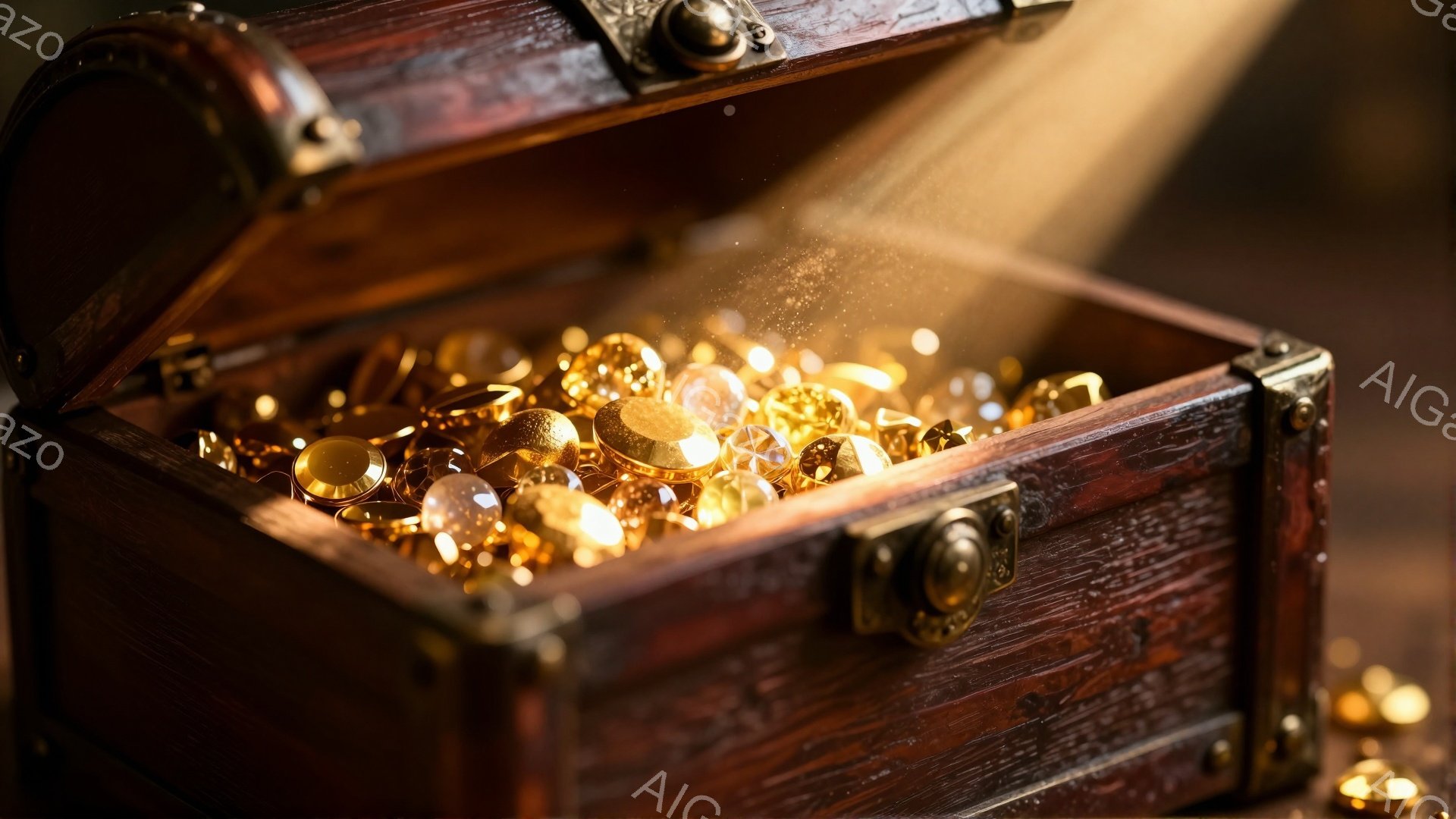 古びた木製の宝箱が開き、中から黄金のコインや宝石が溢れ出している様子が描かれている。光が差し込み、金色の輝きが強調され、財宝の豊かさを表現している。背景は暗く、宝箱と財宝が際立っており、冒険や発見の雰囲気を醸し出している。