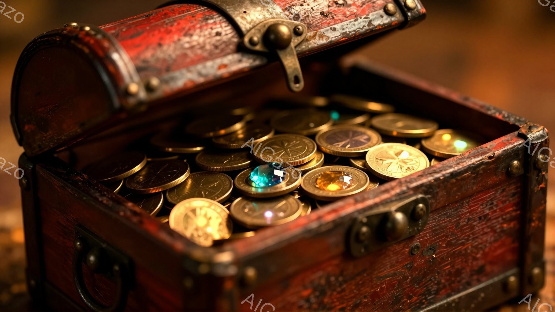 古びた木製の箱が、開いて金貨と宝石で満たされています。箱は深紅色の塗装が剥げ、金属製の装飾が施されており、長年の時を経てきた雰囲気を醸し出しています。暗い背景と光の当たり具合から、宝物が発見された瞬間 - AI生成フリー素材