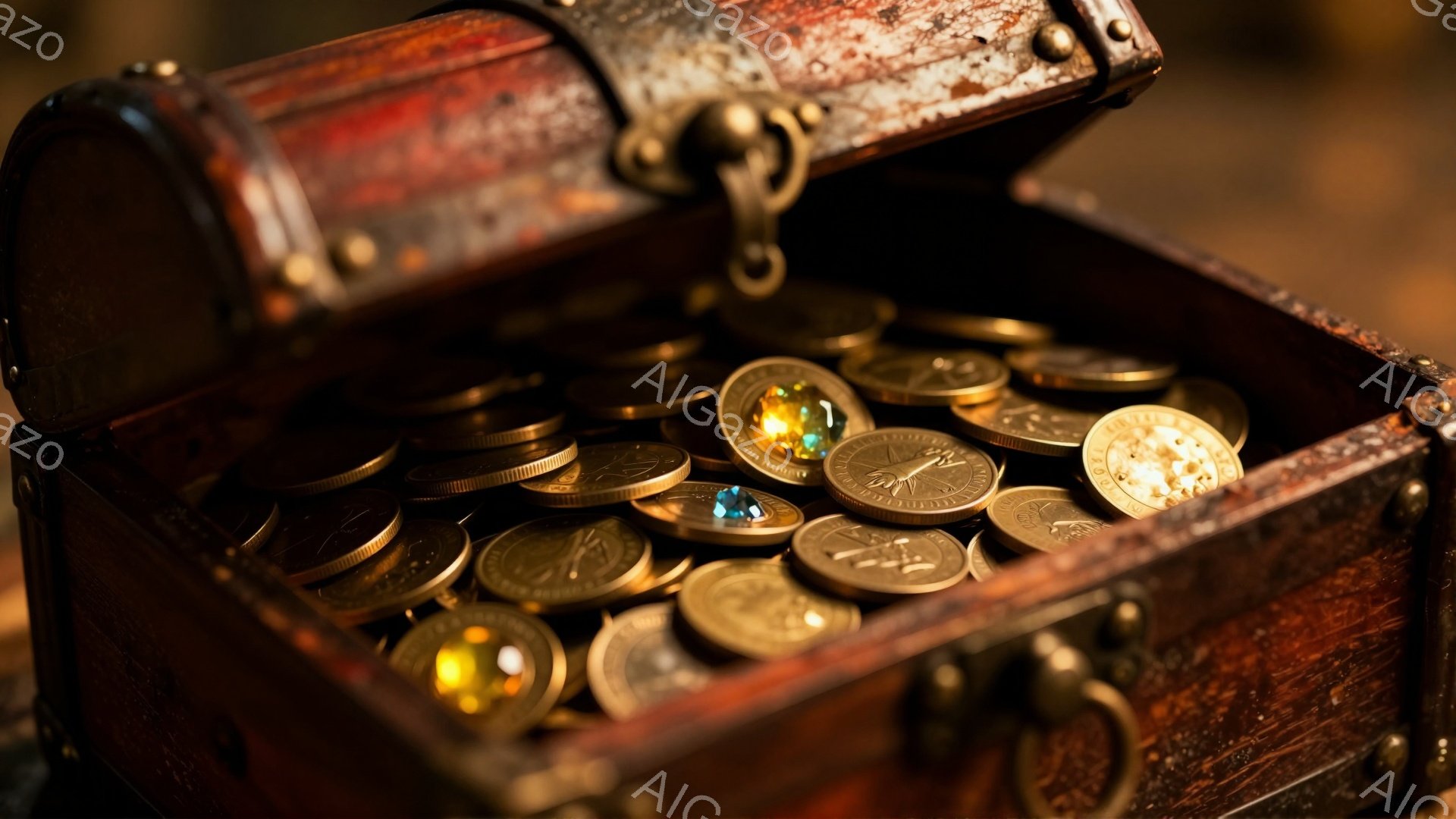 古びた木製の箱が開いており、中には金貨や宝石が溢れています。金貨は磨かれたばかりのように輝き、宝石はエメラルドグリーンとサファイアブルーの色合いを放っています。箱自体は年季の入った質感で、長年の冒険や - AI生成フリー素材