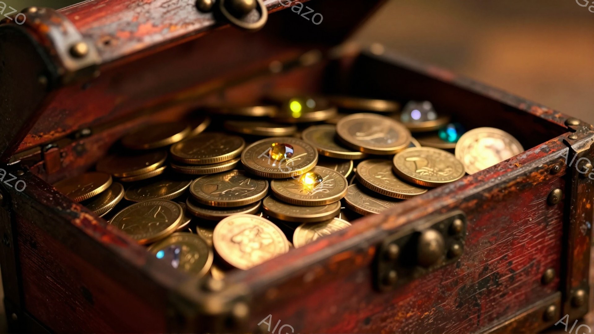 古びた木製の箱の中に、金色のコインが山積みにされています。コインは磨かれたばかりのように光り輝き、一部には青や緑の宝石が混ざっています。箱は暗い背景に置かれ、宝物が隠された秘密めいた雰囲気を醸し出して - AI生成フリー素材