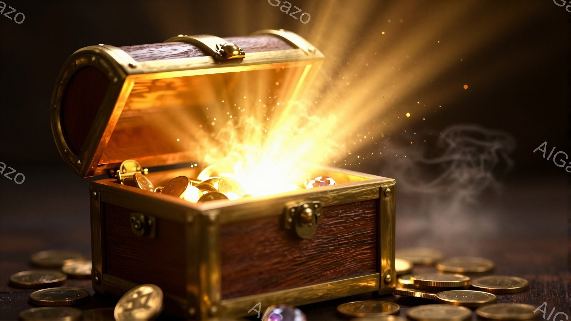 古びた木製の宝箱が開いており、中から金貨や宝石が輝く光と共に溢れ出している。箱の周りには、さらに多くの金貨が散らばり、暗い木製の背景がそれを際立たせている。 全体的に、富と発見の神秘的な雰囲気が漂って - AI生成フリー素材