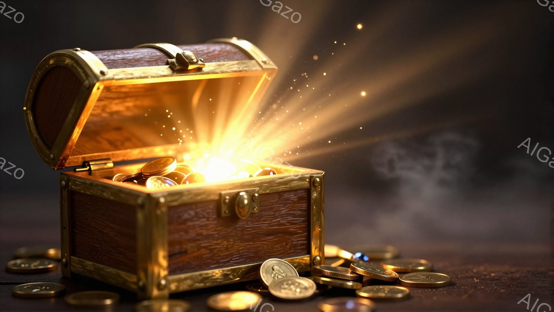 古びた木製の宝箱が開いており、中から眩い光とともに金貨が溢れ出している。箱の周囲や表面には金貨が散らばり、宝の輝きを強調している。暗い背景が、金貨と宝箱の光彩を際立たせ、神秘的で富を象徴する雰囲気を醸 - AI生成フリー素材