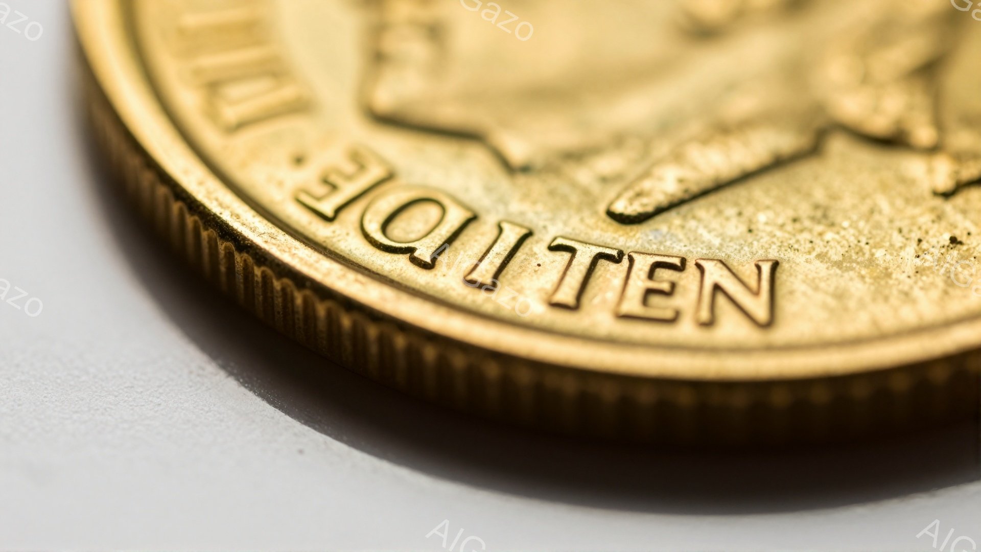 画像は金色の硬貨の一部をクローズアップしたものです。硬貨の縁にはギザギザがあり、表面には文字「TEN」と人物の輪郭が刻まれています。背景は白く、硬貨の鮮やかな金色が際立っています。