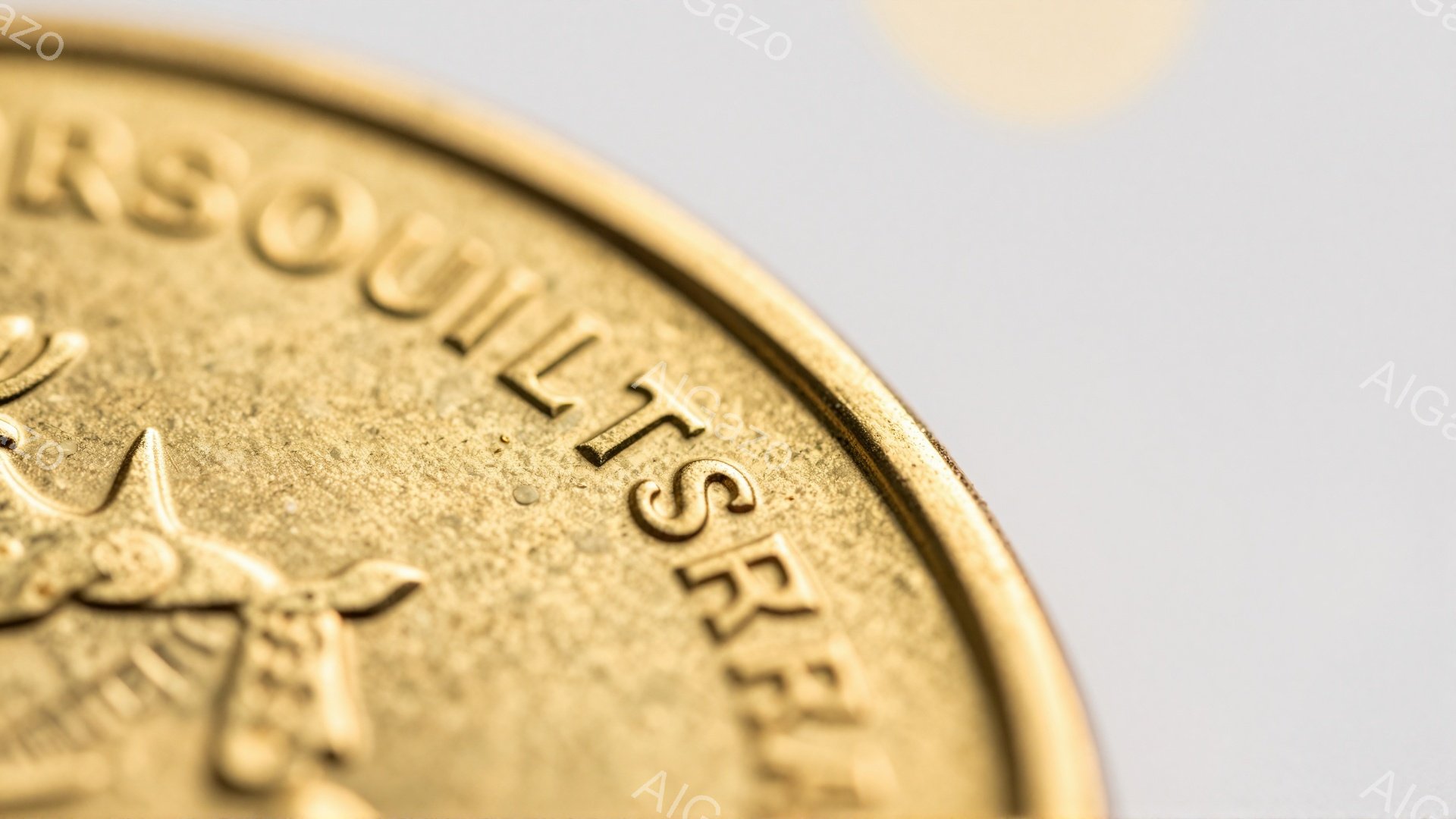 鮮やかな金色のコインの一部が写っており、表面には人物の彫刻と文字が刻まれています。彫刻は翼のある人物のようであり、細部まで丁寧に表現されています。背景は淡い色調で、コインの金属的な光沢を際立たせています。
