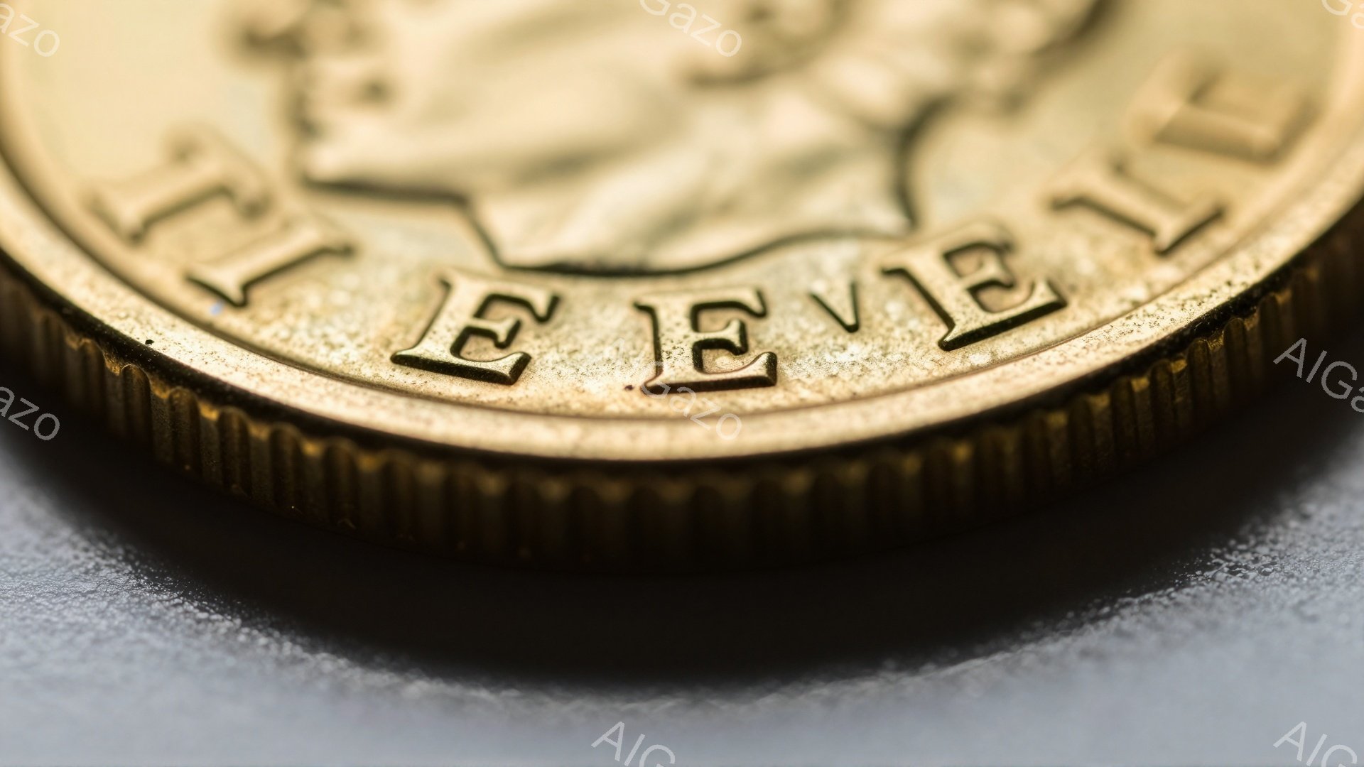 画像は、アメリカの硬貨の端を極端に接写したものです。硬貨のギザギザした側面と、一部が写っている文字「E」がはっきりと見えます。背景はぼやけており、暗いグレー色で、硬貨に焦点を当てています。