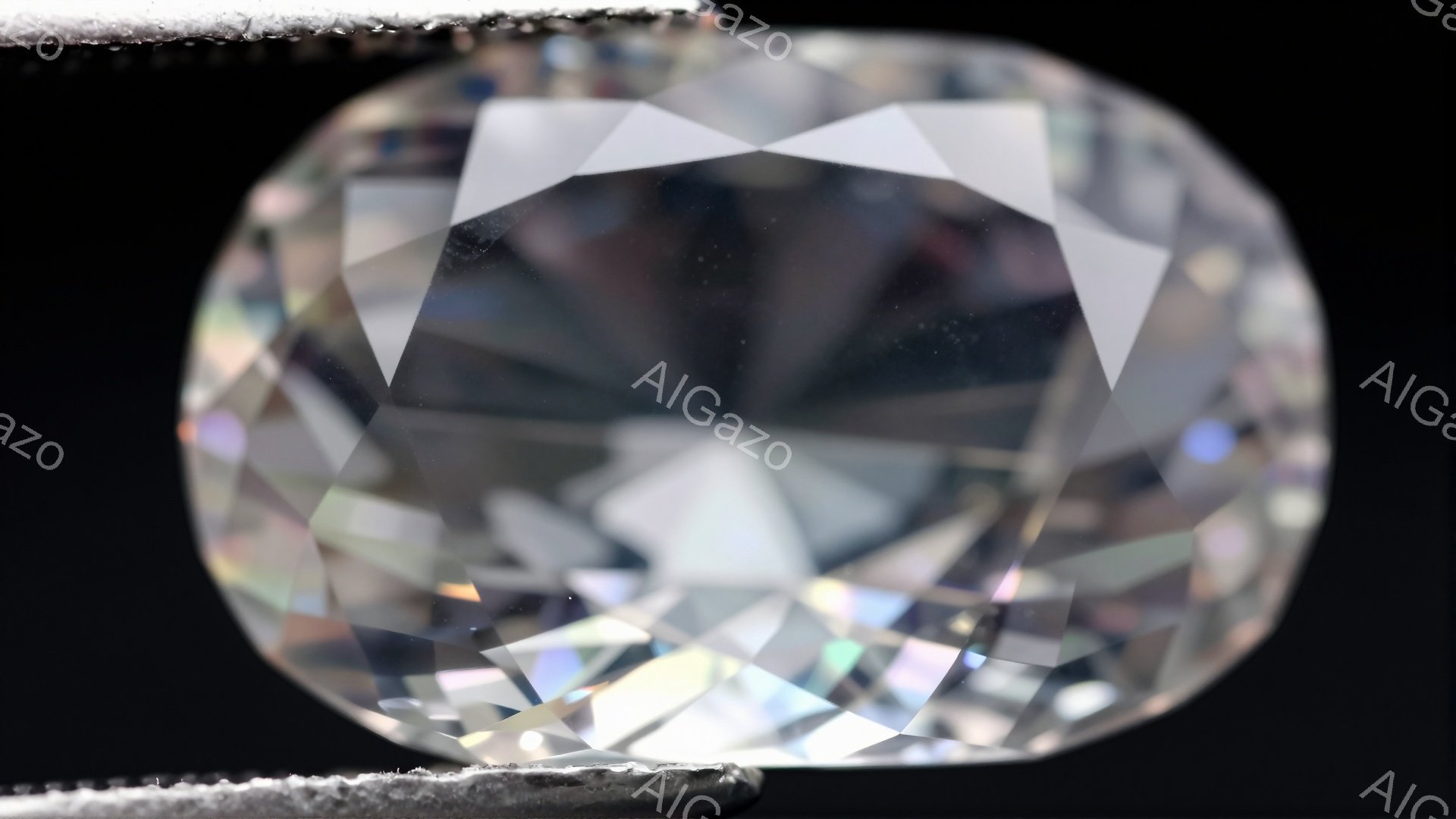 画像は、研磨された光り輝く宝石のクローズアップです。宝石は正方形に近い形をしており、内部で光が反射し、虹色の輝きを放っています。黒い背景と金属製のピンに宝石が固定されている様子から、鑑定や展示のために - AI生成フリー素材