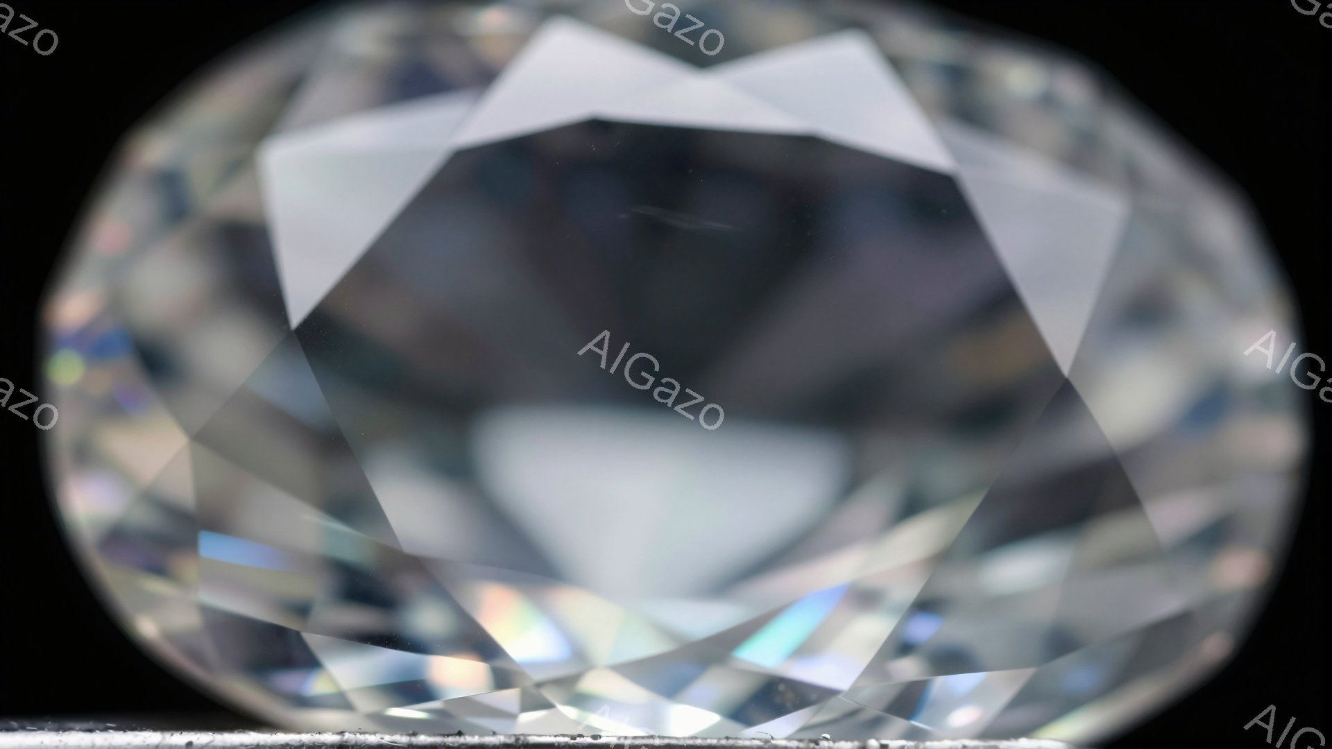 画像は、カットされたダイヤモンドのクローズアップで、複数の面が光を反射し、輝きを放っています。ダイヤモンドは無色透明で、その内部には虹色の輝きが見られます。黒い背景とのコントラストが、ダイヤモンドの輝きをさらに強調しています。