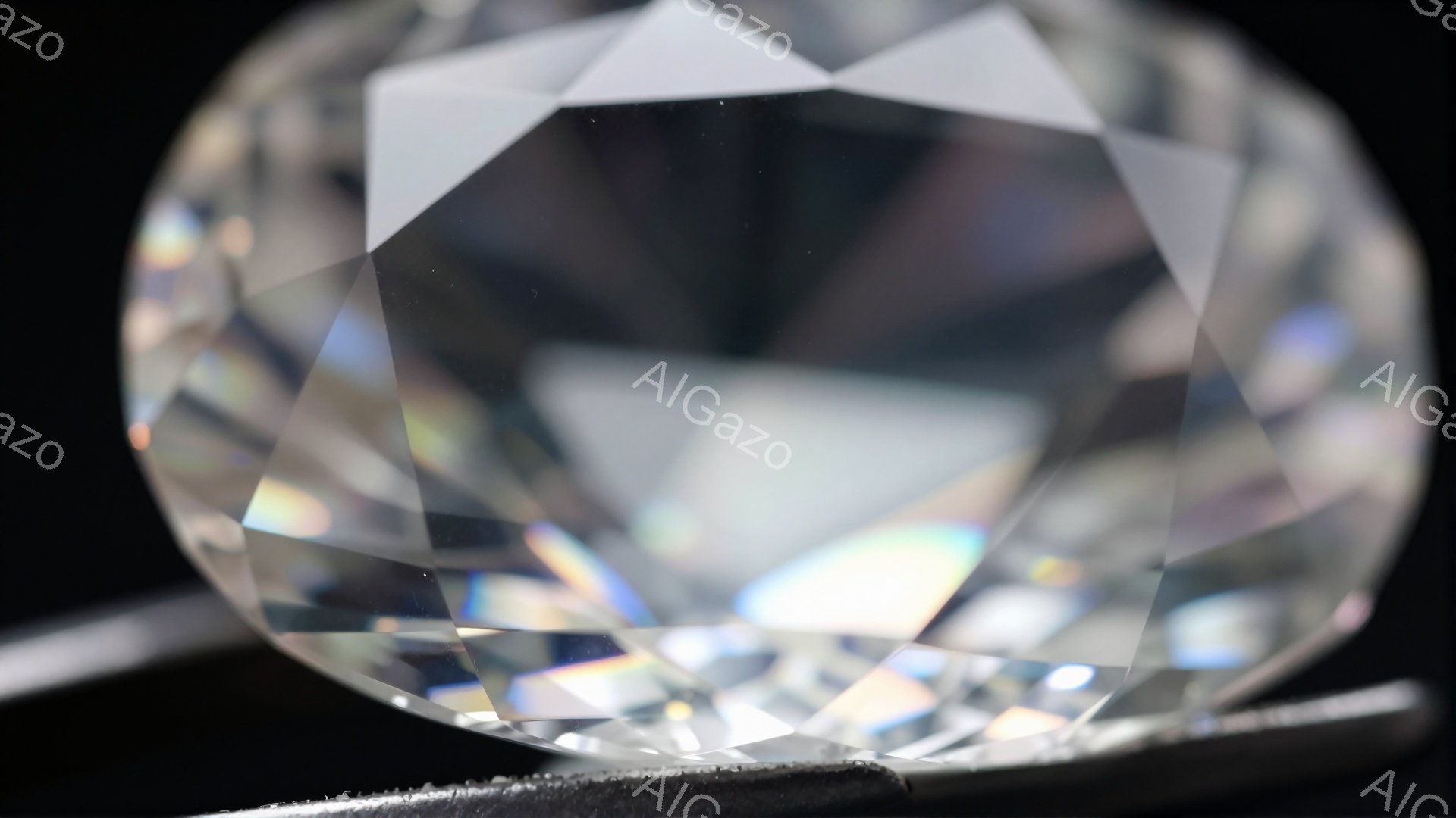 画像は、研磨されたダイヤモンドのクローズアップです。多面カットされた表面が光を反射し、虹色の輝きを放っています。黒い台の上に置かれたダイヤモンドは、その美しい輝きを際立たせています。