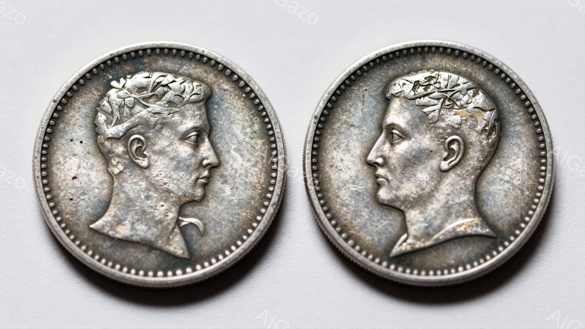 画像は、側面に人物が彫られた銀色の硬貨を捉えています。人物は、月桂樹の冠をかぶり、古代ローマの彫刻に見られるような古典的なプロファイルで描かれており、強い顎と鼻梁を持っています。硬貨の背景は平坦で、表面に細かい傷や摩耗が見られます。