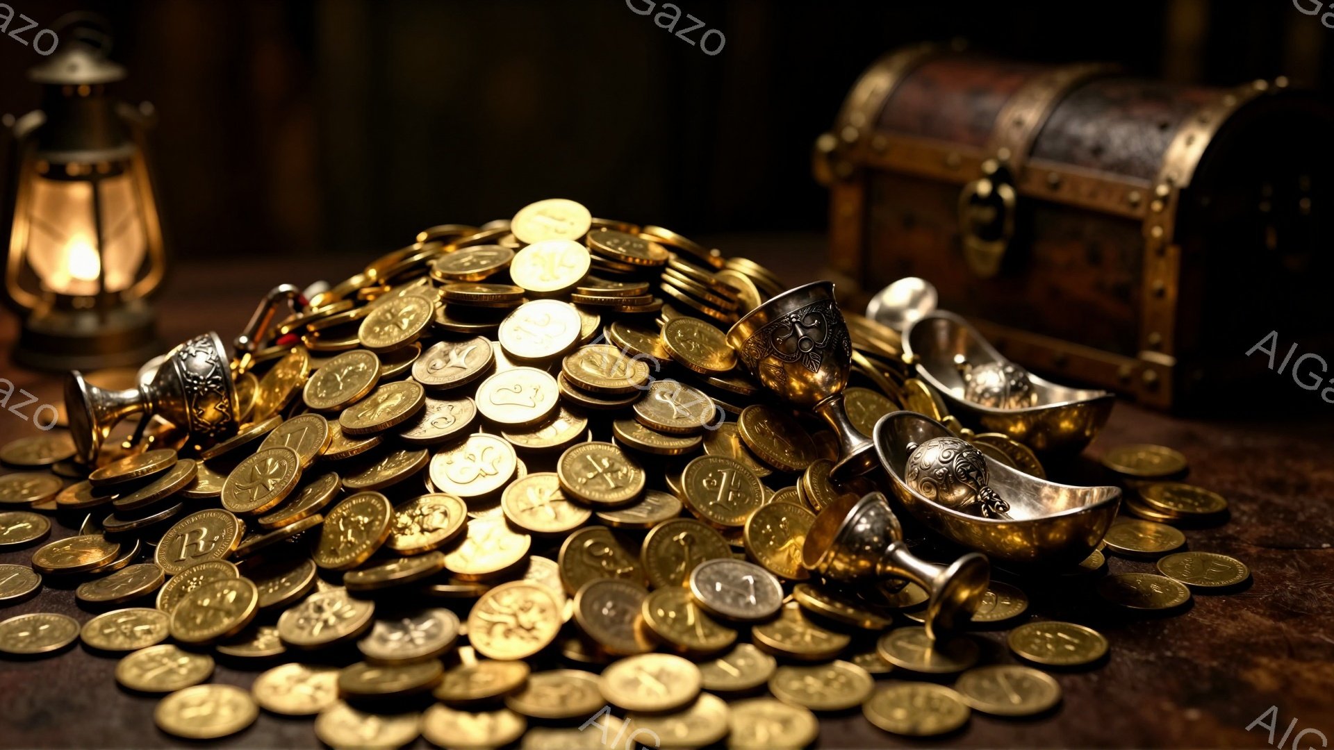 古びた木製の箱と金貨、銀製のゴブレットがテーブルの上に散らばっている。金貨は様々なデザインで、光沢があり、豊かさを象徴している。背景は暗く、宝物が隠された秘密の隠れ家の雰囲気を醸し出している。