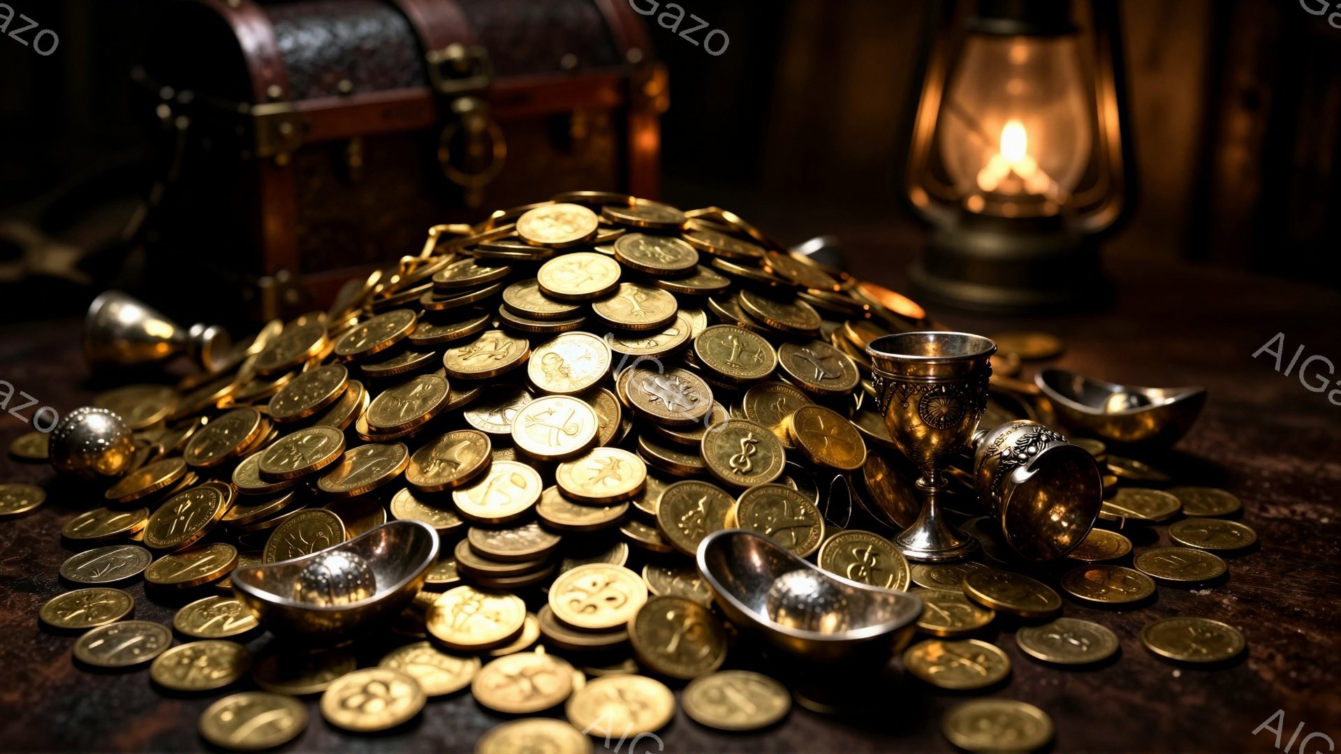 古びた木製のテーブルの上に、金貨が山のように積み上げられている。その周りには、銀色のボウルが数個置かれ、まるで財宝を収める器のようである。背景には、古びた木箱と、ぼんやりとしたランタンの光が灯り、冒険とロマンに満ちた雰囲気を醸し出している。