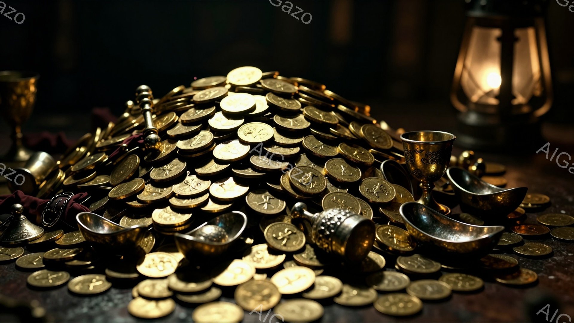 画面には、光沢のある金属製のコインが山積みに置かれ、まるで宝の山を思わせる様子が描かれています。コインの周りには、銀色の杯や装飾品が散らばり、暗い背景の中でほのかな光が金属を照らし出しています。全体的に、富と秘密めいた雰囲気が漂い、歴史的な財宝の隠し場所を想起させます。