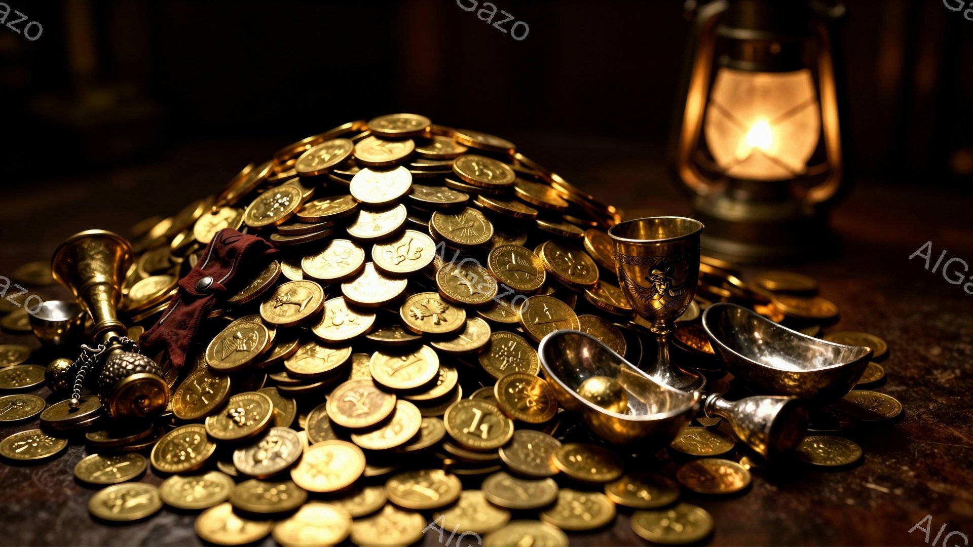 濃い木製のテーブルの上に、金貨の山が積み上げられ、その中に古い革製の袋がいくつか見えます。山の上には、金色の装飾が施された杯と、銀色の杯が置かれており、背景には暖かく灯ったランタンが配置されています。全体的に、暗くて重厚な雰囲気の中に、富と宝物を暗示する静謐な光が差し込んでいます。