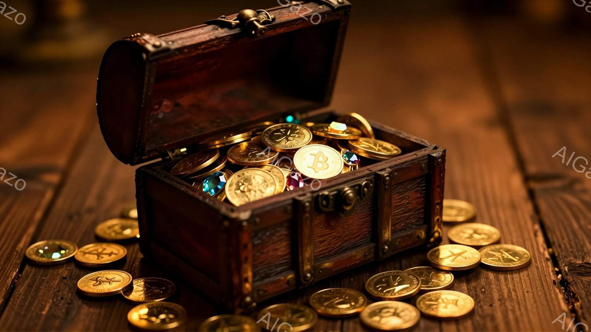 古びた木製の箱が、磨かれた暗褐色の木のテーブルの上に開いて置かれている。箱の中には金色のコインや宝石が輝き、箱の周りにも同じコインが散らばっている。全体的に暖色系の照明で照らされており、宝物や富を連想させる、重厚でクラシックな雰囲気が漂っている。