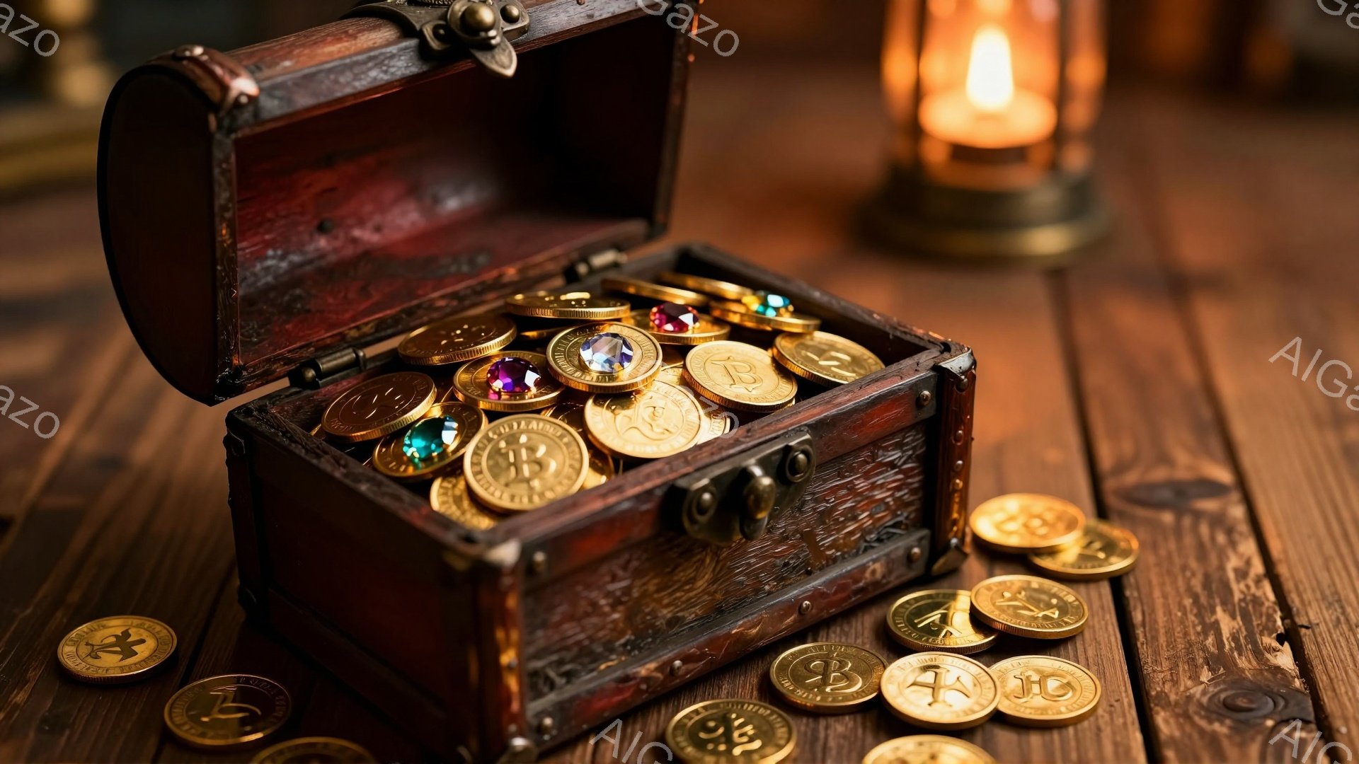 古びた木製の箱が開き、中には金色のコインと宝石が輝いている。箱は濃い茶色で、金属製の留め金と隅の装飾が施されており、使い込まれた様子が伺える。背景には木製の床があり、奥にはぼんやりとした光を放つキャンドルが見え、宝物や冒険の雰囲気を醸し出している。