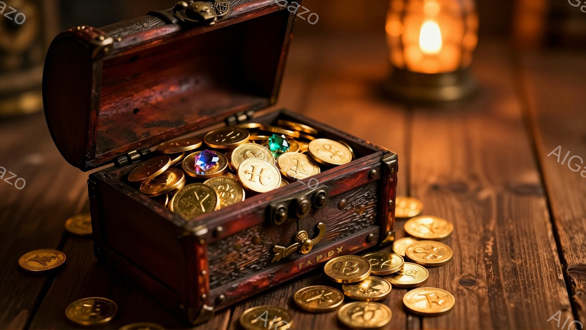 古びた木製の宝箱が、磨かれた木のテーブルの上に開いて置かれており、中には金貨がぎっしりと詰まっている。箱の周りにも金貨が散らばり、光沢のある金属が暖かく照らされた背景の中で輝いている。 わずかに背景に - AI生成フリー素材