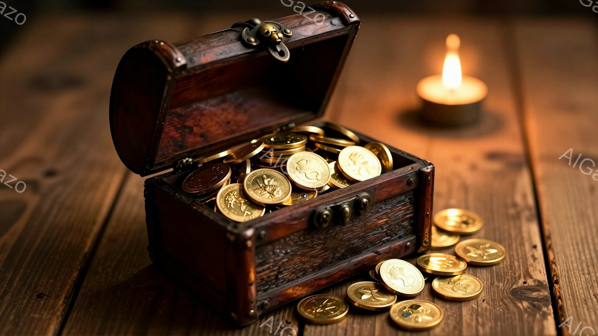 古びた木製の箱が開き、金色のコインが溢れ出している様子が写っている。箱の隣には、炎が揺らめくキャンドルが置かれており、暗く落ち着いた雰囲気を醸し出している。背景は木製のテーブルで、全体的に暖色系のトーンで統一されており、宝探しや冒険を連想させる。