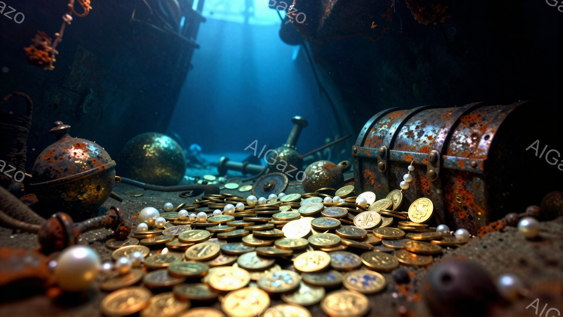 海底に沈んだ難破船の内部を捉えた画像で、大量の金貨と真珠が砂の上に散らばっている。背景には、錆び付いた大砲や壊れた木箱が見え、薄暗く神秘的な雰囲気を醸し出している。光線が水面から差し込み、宝物と沈没船内部を照らし出し、忘れ去られた財宝のロマンを感じさせる。