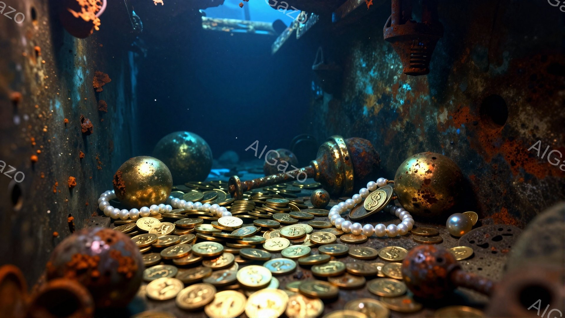 海底に沈んだ船の残骸の中に、金貨、真珠のネックレス、そして金色の球体が散らばっている様子が描かれている。錆び付いた金属製の構造物が背景に広がり、薄暗い水中の光が宝物を照らしている。全体的に神秘的で、失われた財宝を探し求める冒険心を刺激する雰囲気が漂っている。