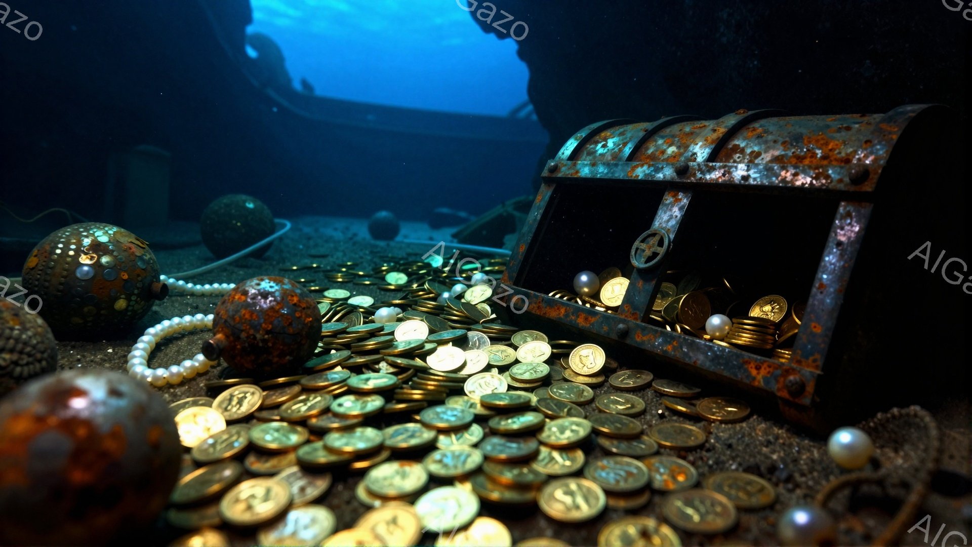 海底に沈んだ宝箱と金貨が散らばる様子が描かれています。宝箱は錆びており、中にはさらに金貨が詰まっています。周囲には真珠のネックレスや装飾品が散らばり、海底の遺跡のような背景が深海冒険の雰囲気を醸し出しています。