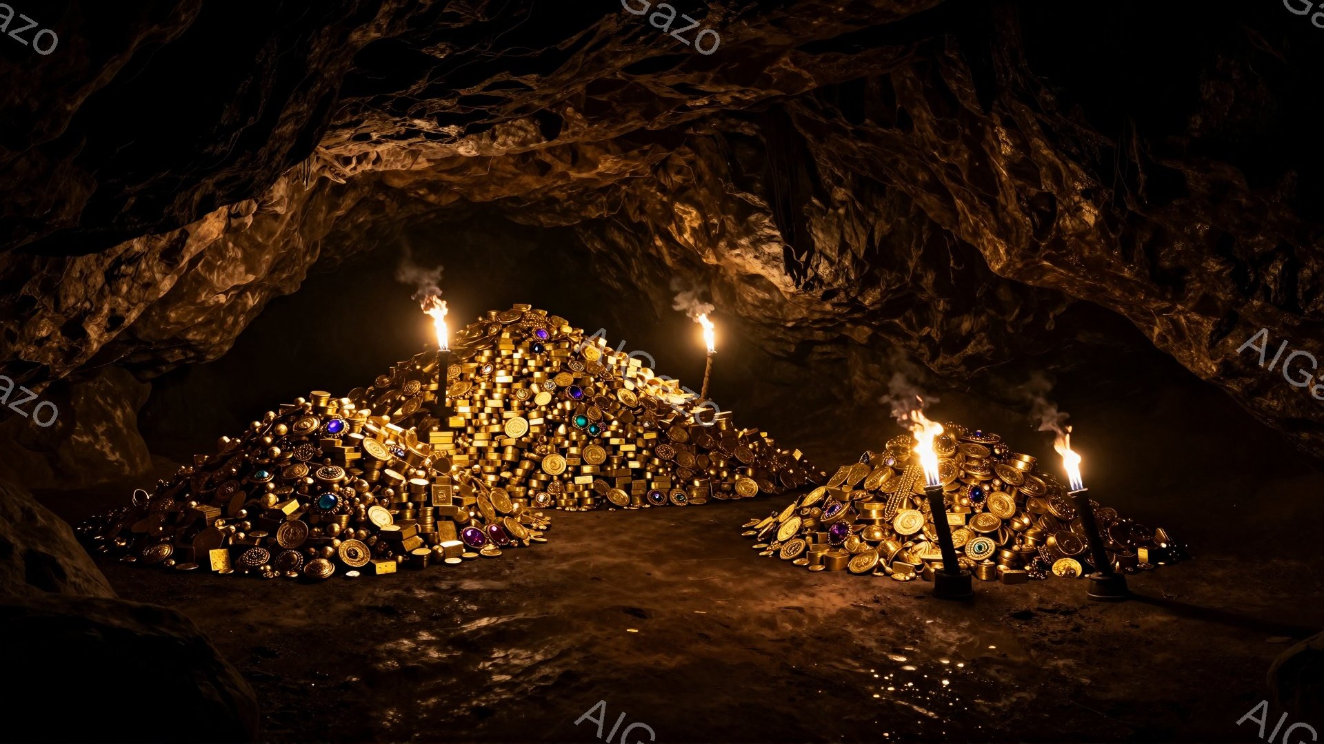 暗い洞窟内に、金貨、宝石、装飾品が山積みにされている様子が描かれている。２つの山にはそれぞれ燭台が置かれ、炎がゆらめき、周囲を照らしている。洞窟の壁は粗く、岩肌がむき出しになっており、宝の山と暗闇が対照的で、秘密の財宝の隠れ家という雰囲気を醸し出している。