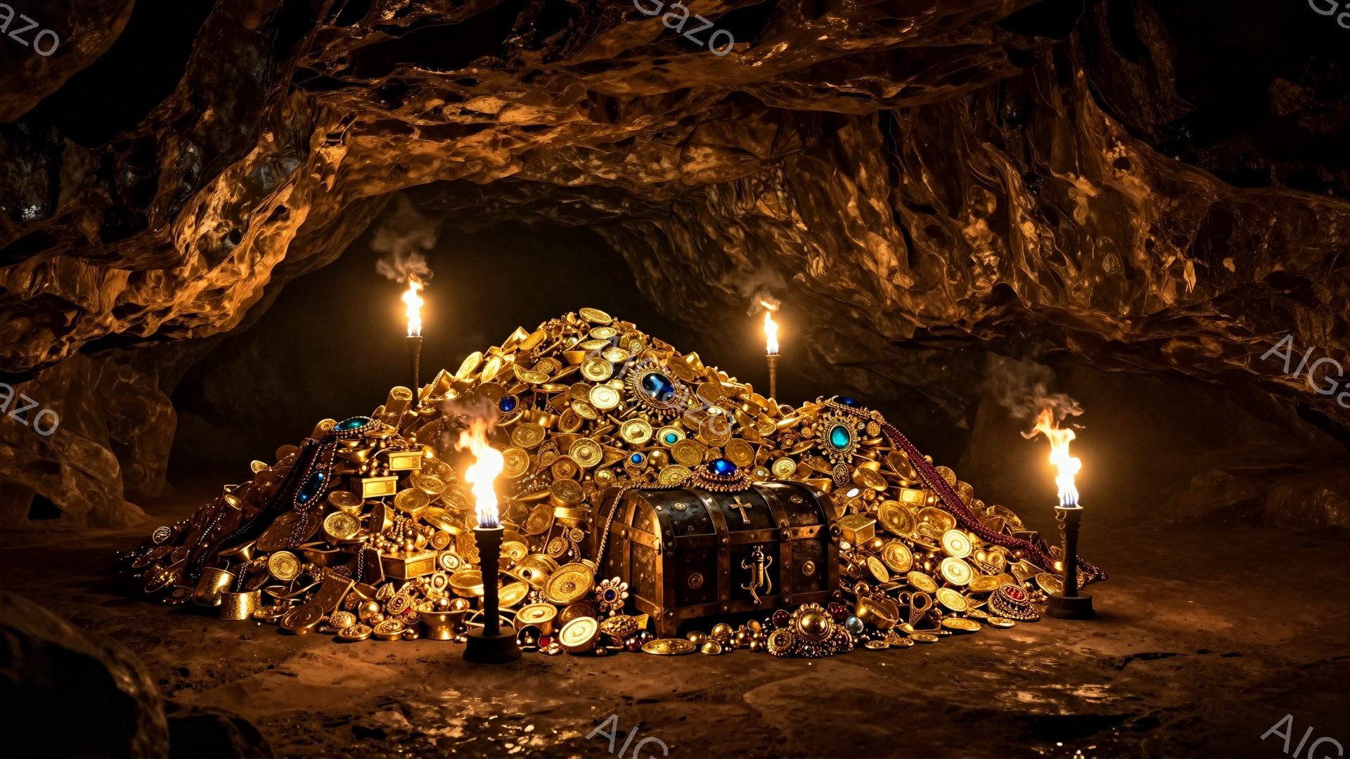 暗い洞窟内に、金貨、宝石、装飾品などが山積みにされた宝の山が描かれている。左右には炎を灯した燭台が置かれ、洞窟の壁は粗く、岩肌がむき出しになっている。全体的に暗く、神秘的で、財宝を発見したような興奮と同時に、危険な雰囲気も漂っている。