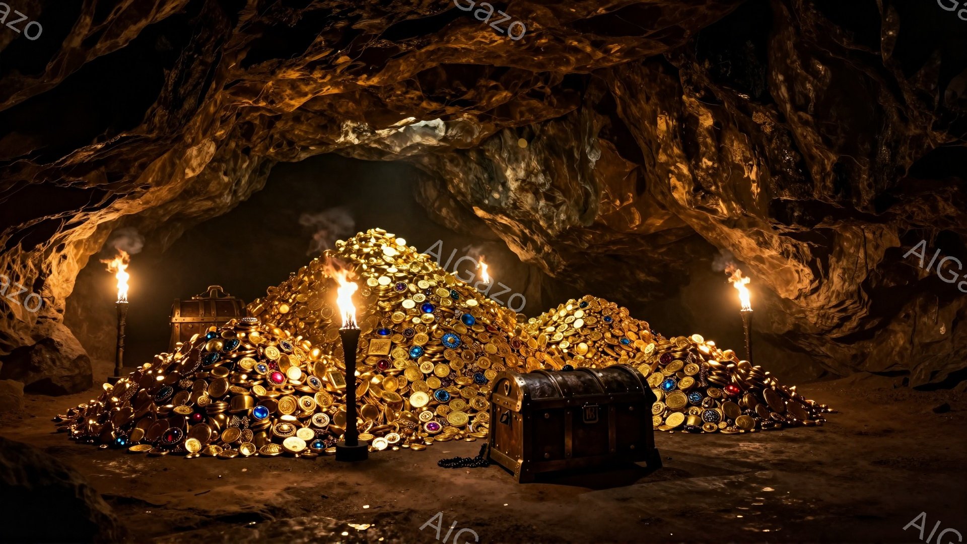 洞窟の中に金貨や宝石が山積みに積み上げられた様子が描かれている。周囲にはいくつかの木箱が置かれ、点在する松明が暗闇を照らし出している。全体的に暗く、財宝に満ち溢れた神秘的で豪華な雰囲気が漂っている。 - AI生成フリー素材