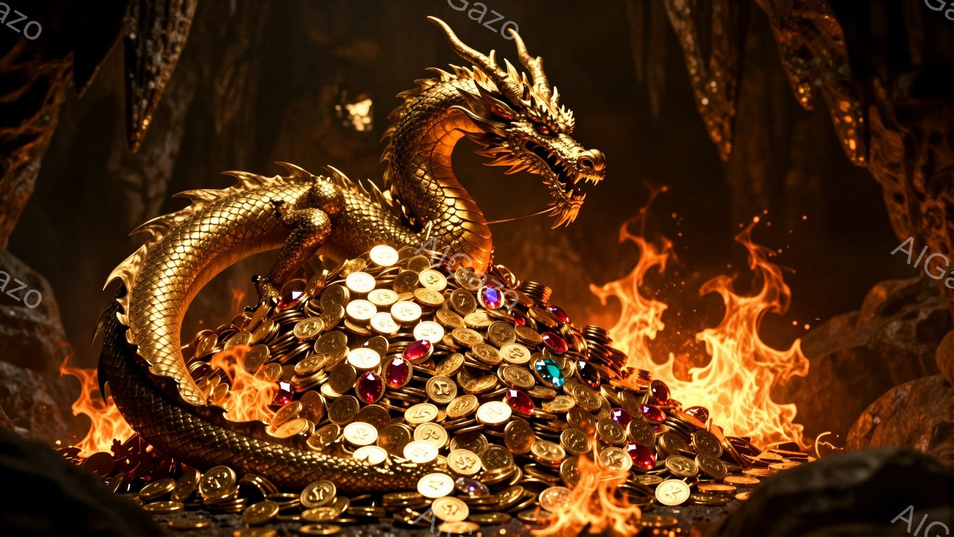 黄金色の龍が、燃え盛る炎に囲まれた大量の金貨と宝石の上に巻き付いて鎮座している。龍は精巧な鱗を持ち、鋭い爪と牙、そして力強い眼差しで、まさに財宝の守護者のような姿である。背景は暗く、洞窟のような岩肌が確認でき、全体的に力強く、神秘的な雰囲気を醸し出している。
