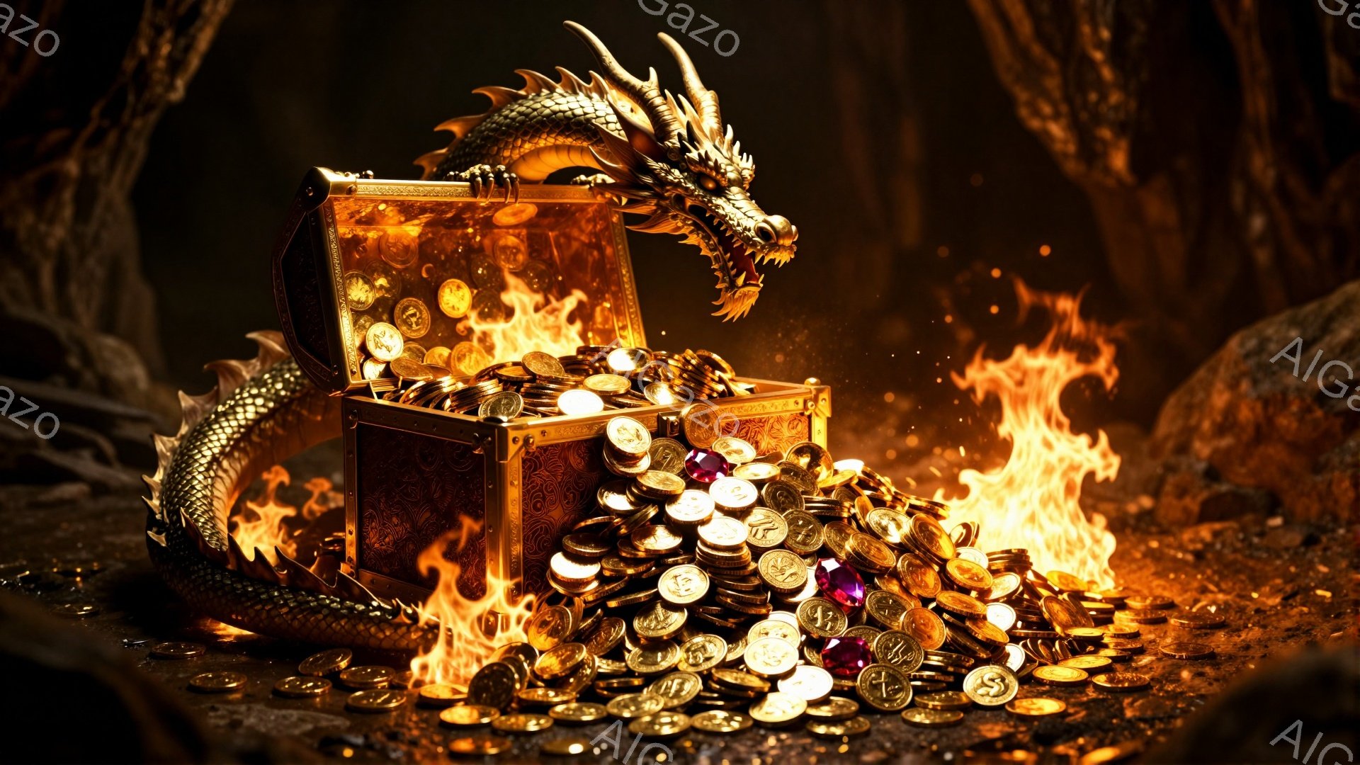 古びた木製の宝箱が燃え盛る炎に囲まれ、金貨や宝石が溢れ出している。箱の蓋には、うねるような金のドラゴンが頭を上げ、威厳のある表情で周囲を見渡している。背景は暗く、岩や植物がぼんやりと見え、全体的に冒険と危険に満ちた雰囲気が漂っている。