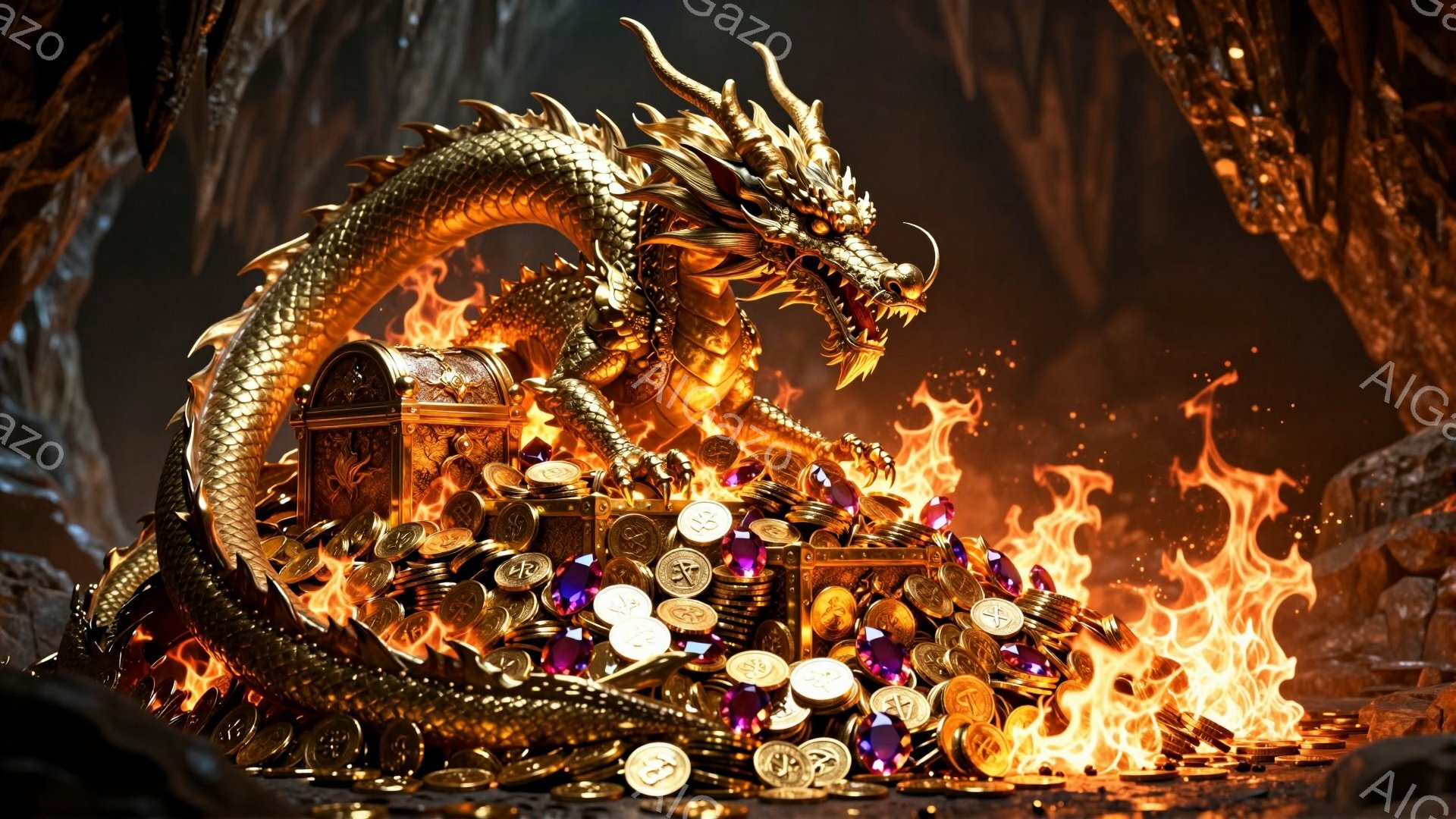 燃え盛る炎の中に、金色の竜が宝箱と大量の金貨、宝石の上に身を横たえています。竜は口を開け、鋭い爪を出し、威圧的な表情をしています。背景は岩肌の洞窟で、炎が全体を照らし出し、力強く神秘的な雰囲気を醸し出しています。