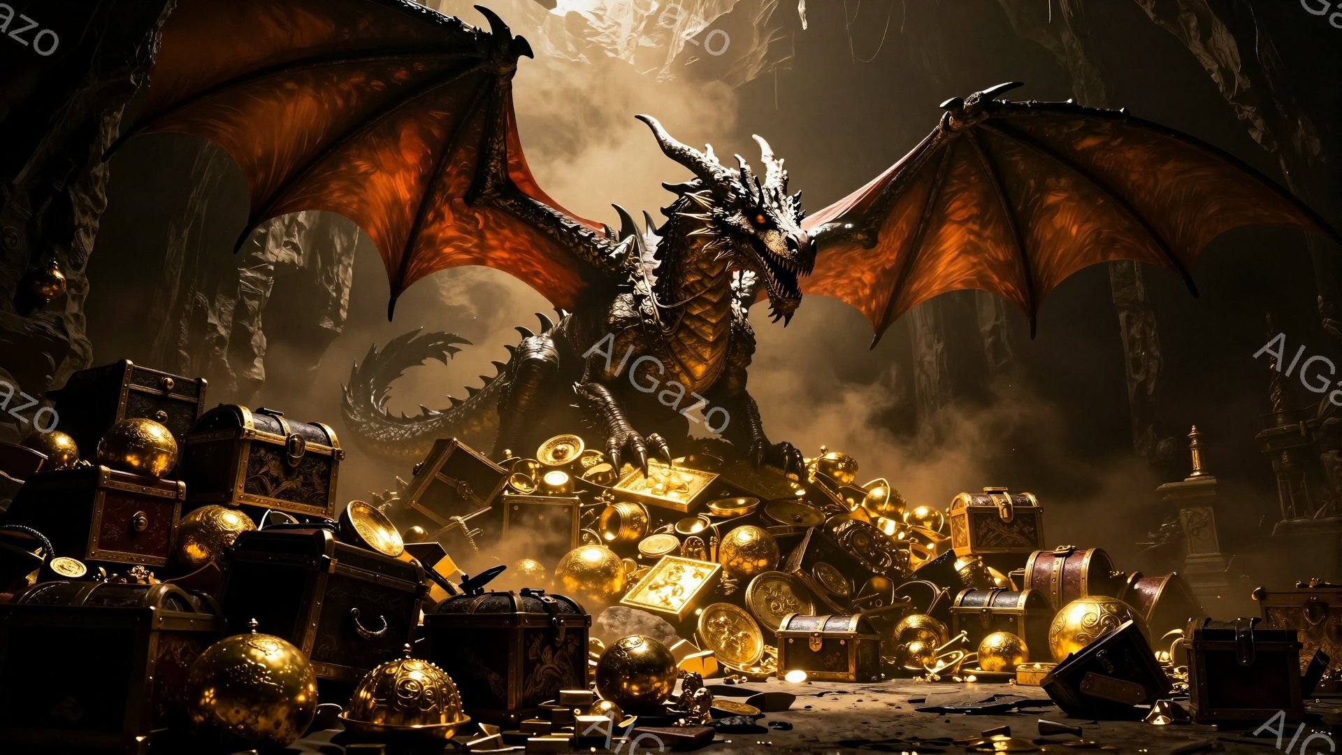 巨大な黒いドラゴンが、金貨や宝箱が散乱する洞窟の奥で威圧感を放っている。ドラゴンの翼は大きく広げられ、鋭い爪と力強い姿勢は、まるで財宝を守護するかのような印象を与える。背景には暗い洞窟の壁が広がり、薄暗い光の中で、宝物の輝きが際立っている。